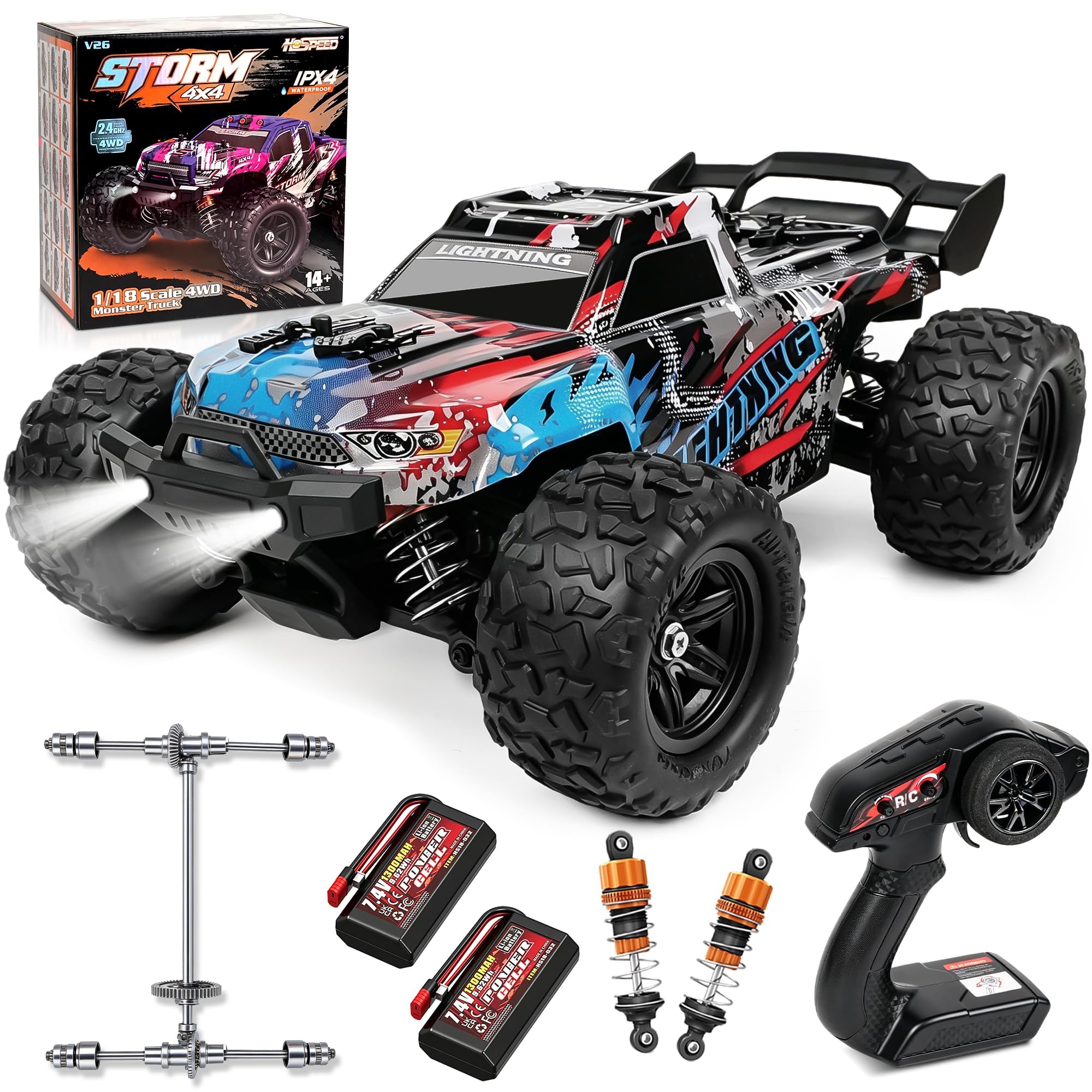 Coche teledirigido - 1:18 4WD Rc Auto 40KMH de alta velocidad 2,4 GHz Camión todoterreno con amortiguadores de metal y engranajes de metal con dos baterías para adultos y niños – Azul
