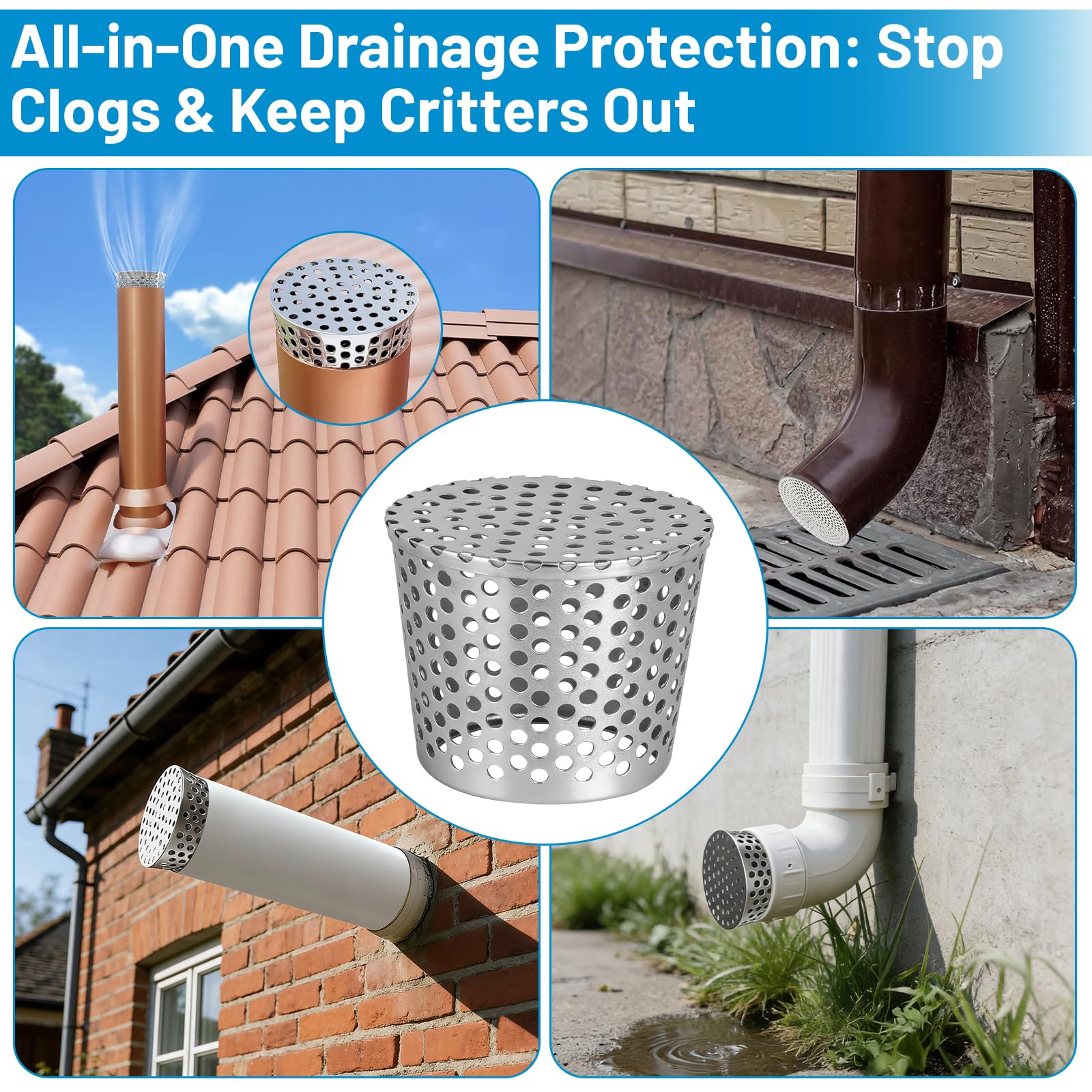 LALAGO 4 Pièces Crapaudine de Gouttière Grille 75-90mm, Gouttière Anti Feuilles Filtre de Descentes en Acier Inoxydable, Grilles de Drainage pour Maison Avant-Toit Fossé Égout pour Éviter les Blocages