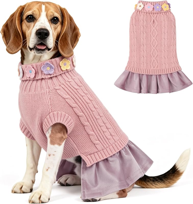 Suéter Vestido para Cães Pequenos em Tricô com Gola Alta e Laço YUDODO – Tamanho Grande