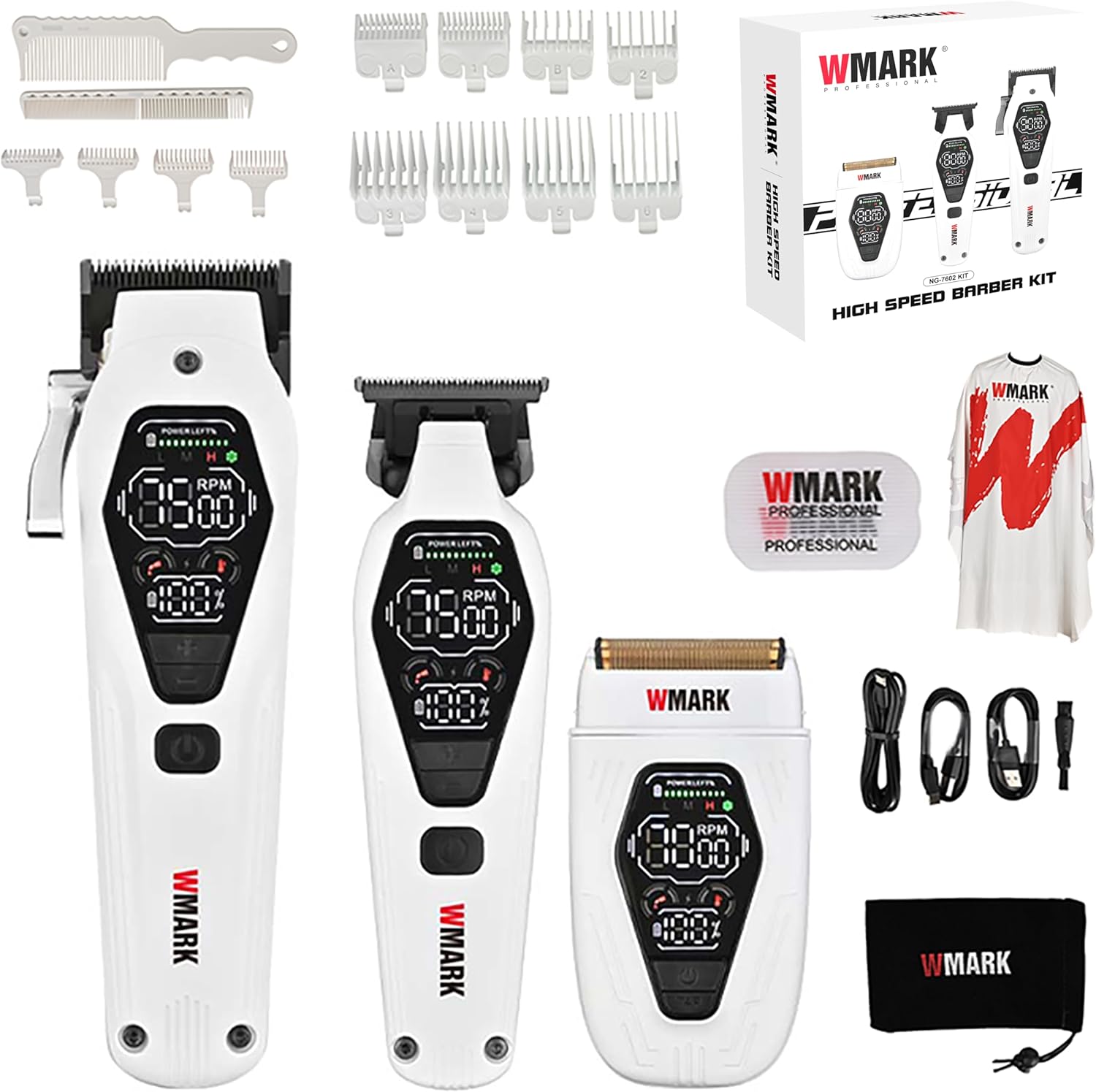 WMARK Professional 3-in-1 Zinc Alloy Barber Kit - 3 Speed Setting with Digital Display (Speed/RPM/Power) & Smart Reminders (Oiling/Overheat), Hair Clipper/Trimmer/Shaver for Barber & Men, NG-7602KIT