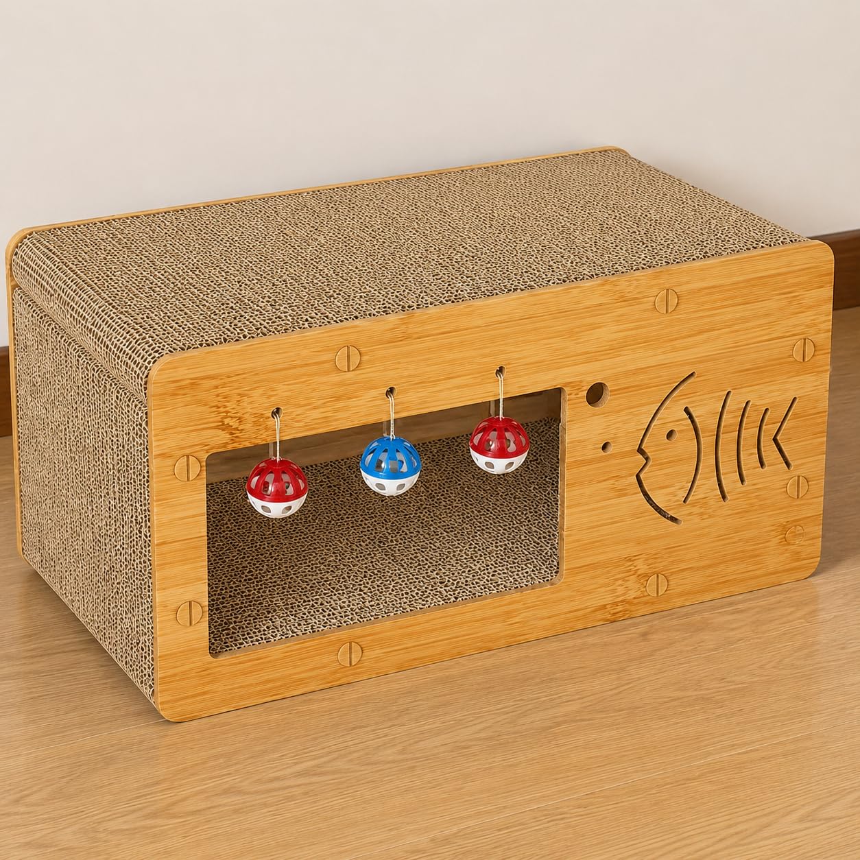 predolo Kratzhaus Katze aus Wellpappe, Katzenhöhle Pappe mit vertikaler Kratzfläche für Wohnungskatzen, Kratzhaus Katzenmöbel für Ruhe und Spiel, Einzelnes TV-Gerät, 55 x 28 x 26 cm