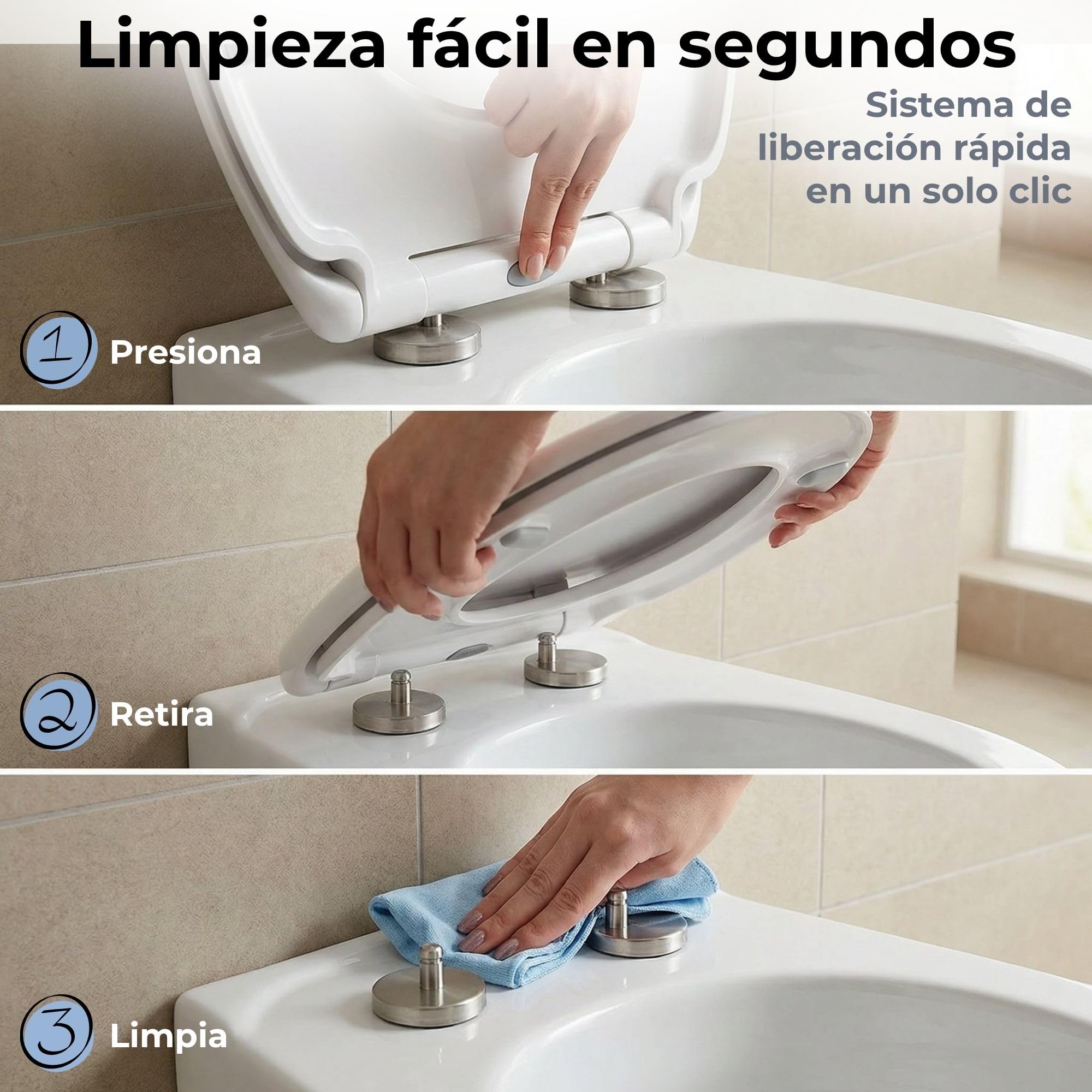 Tapa WC Universal Cierre Suave – Tapadera Blanca Compatible con Inodoros Forma O – Fácil Instalación y Limpieza – Tapa de Inodoro Silenciosa y Segura