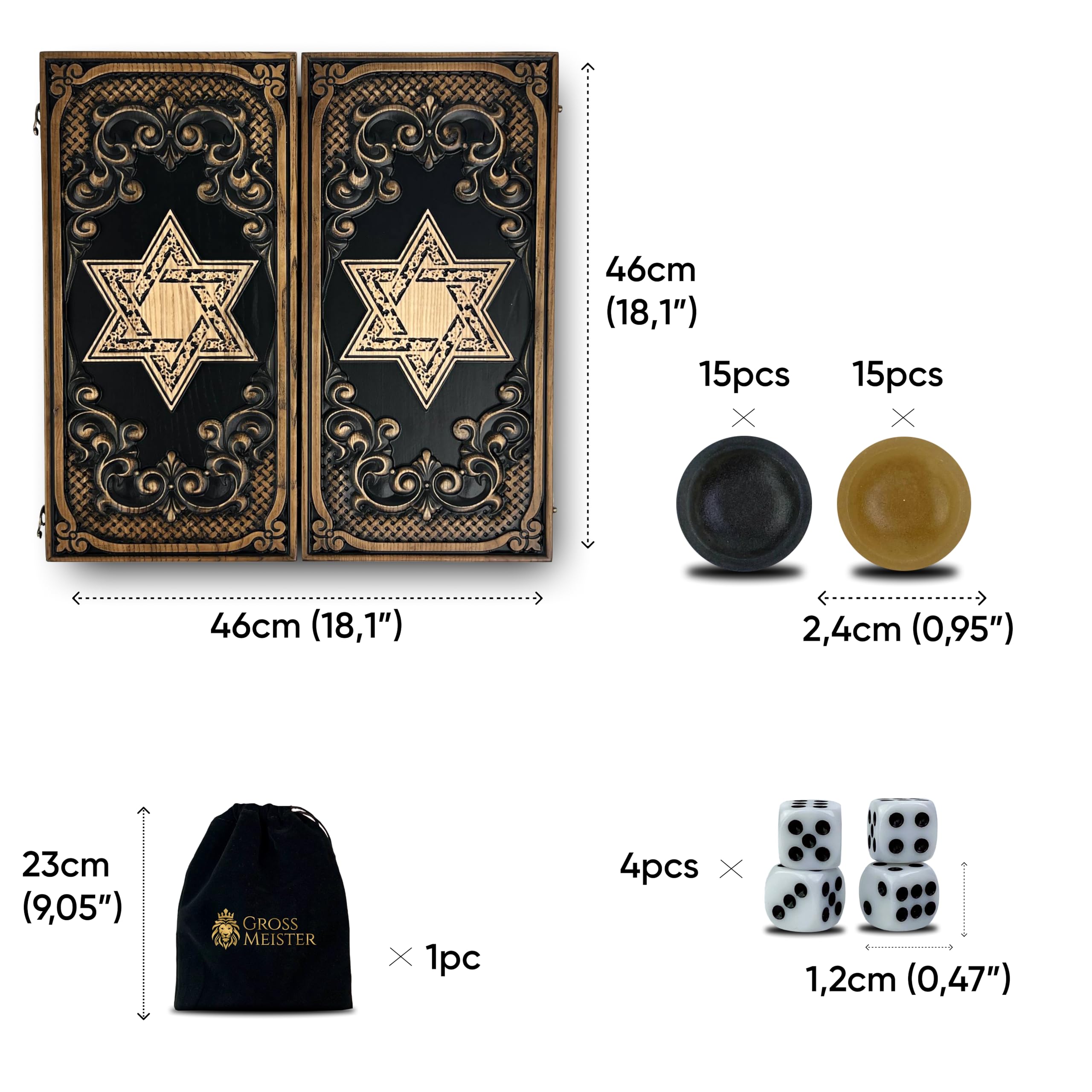 Backgammon aus Eschenholz – Davidstern Gravur – 48×23 cm – Handgefertigtes Set mit Epoxid-Spielsteinen – Geschenkidee für Kenner „Davidstern“ (2 Design)