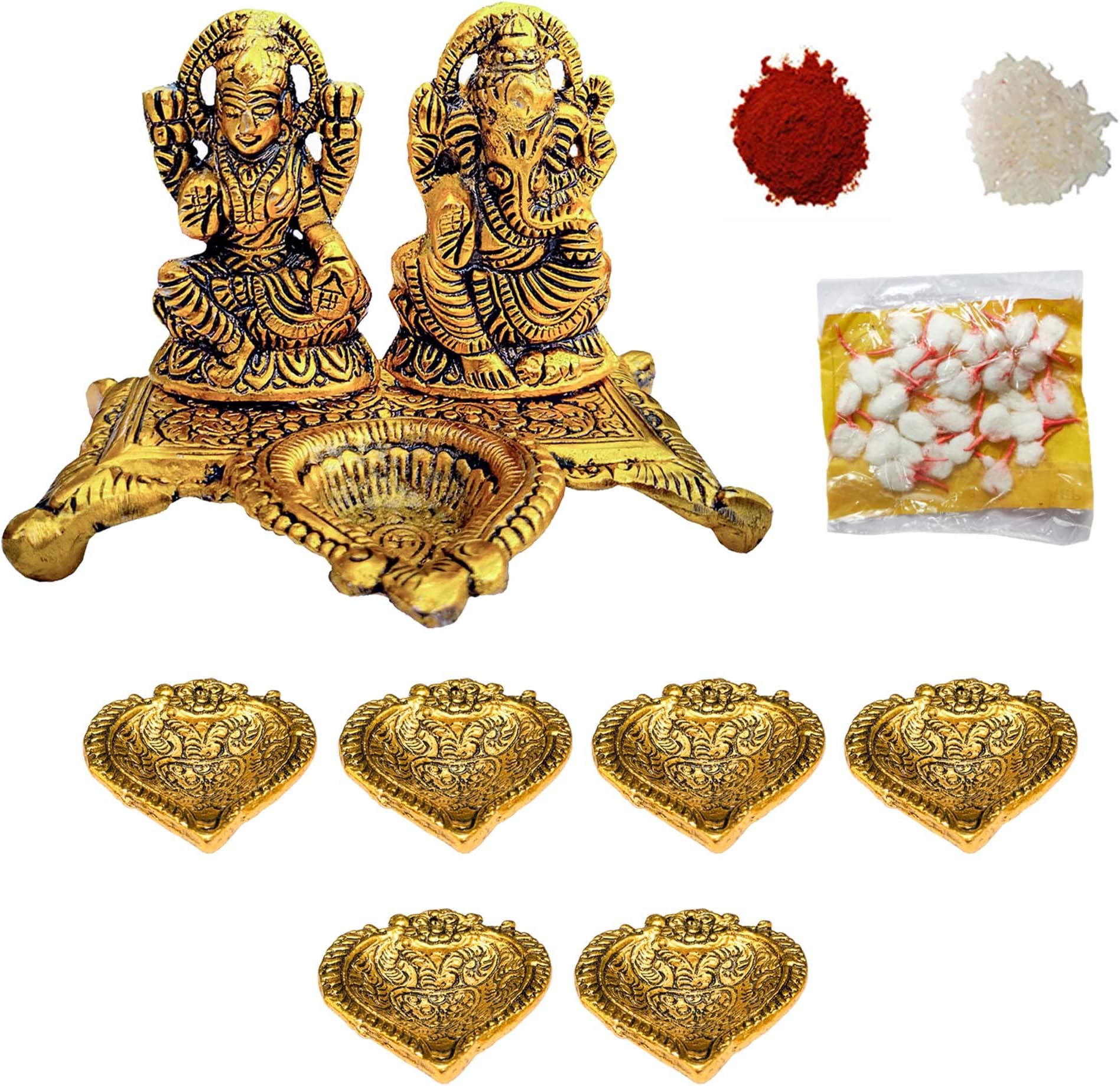 Wonder Care Ganesha Lakshmi Statue Sculpted in Great Detail in Ivory Antique Finish Metal Diya for Diwali Pooja Oil Lamp- Ganesh Idol for Car | Home Decor | Mandir | Gift | Hindu God Idol