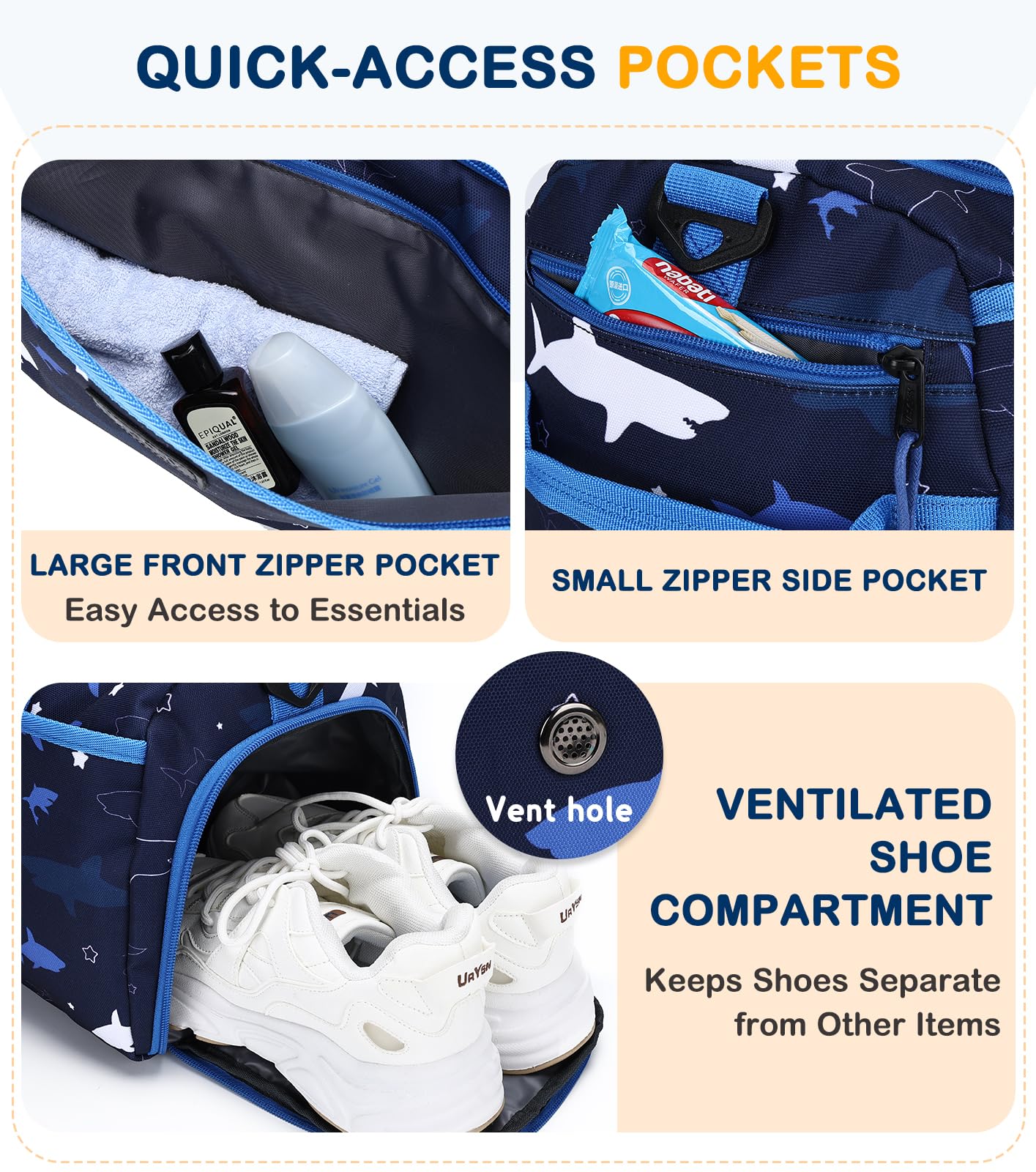VASCHY Bolsa de Deporte Niño, Bolsa de Viaje Infantil Ligera Bolsa Gimnasio Piscina con Compartimento Zapatos, Tiburon Azul