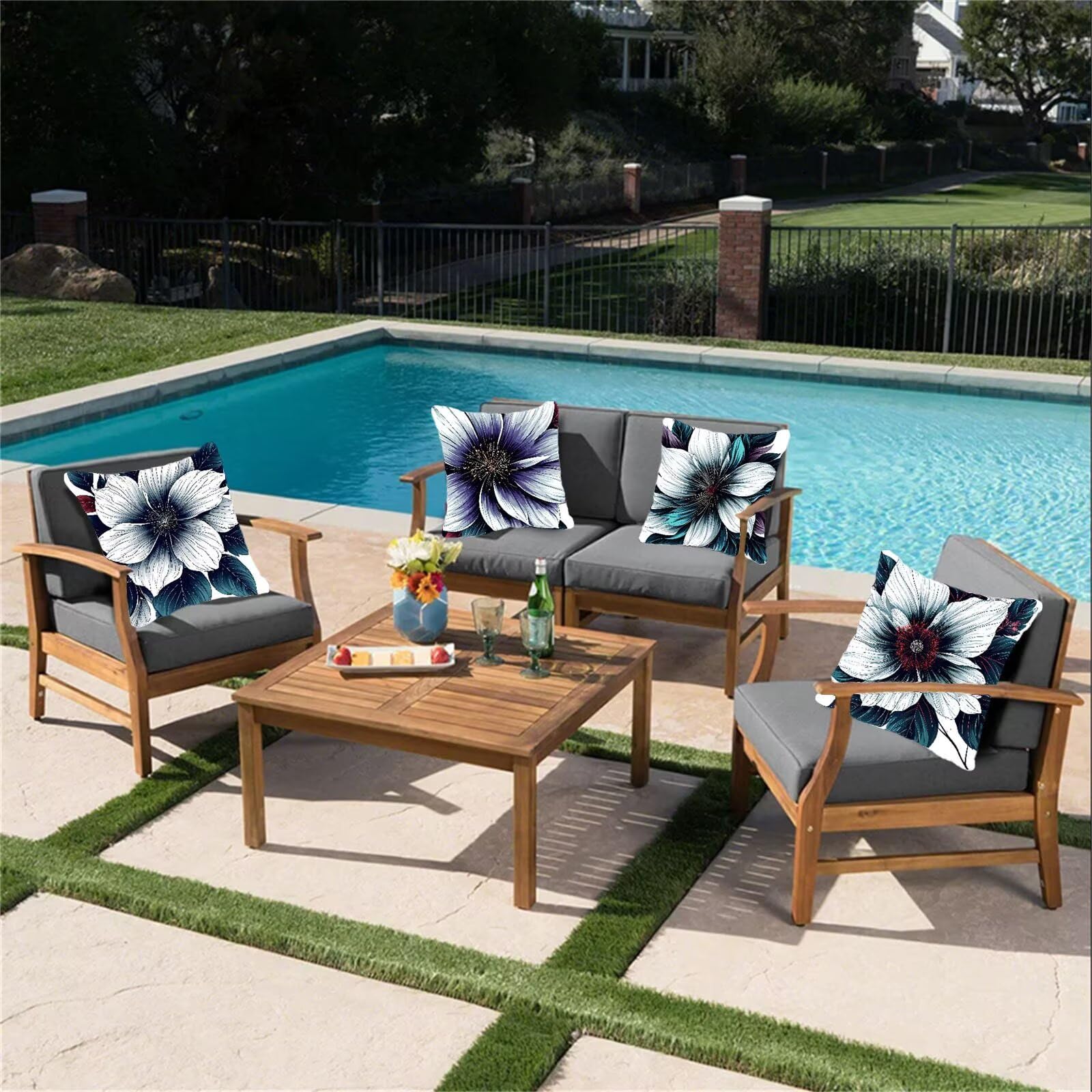 Kissenbezug 65x65 4er Set, Outdoor Kissen Creme Sofakissen, Wasserdicht Kissenbezüge Blume Dekokissen mit Unsichtbarem Reißverschluss, Zierkissenbezüge für Schlafzimmer Sofa Stuhl Bett Garten G1-601