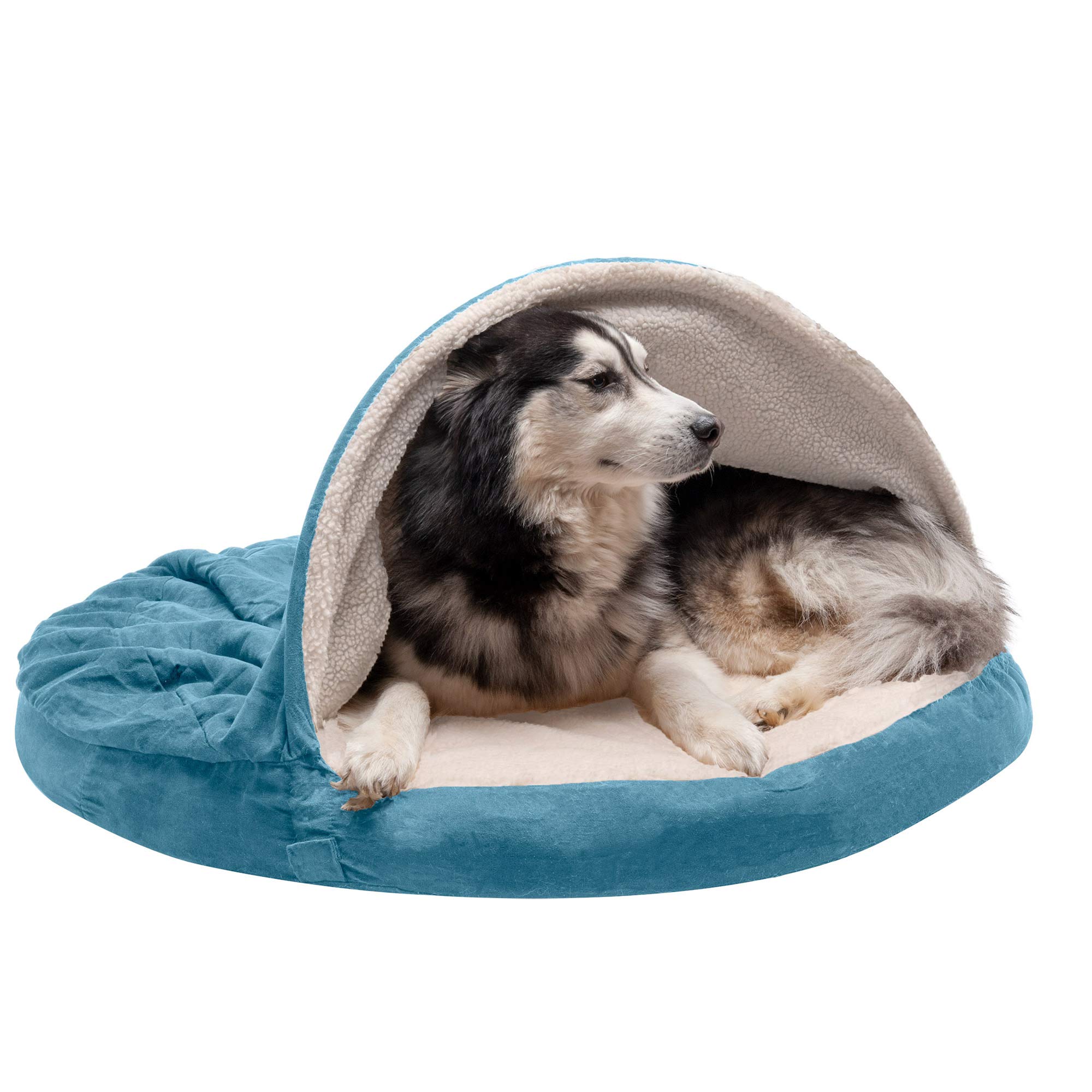 Furhaven 44" Round Memory Foam Dog Bed Sherpa & Suede Snuggery w/ Removable Washable Cover - Blue, 44-inch