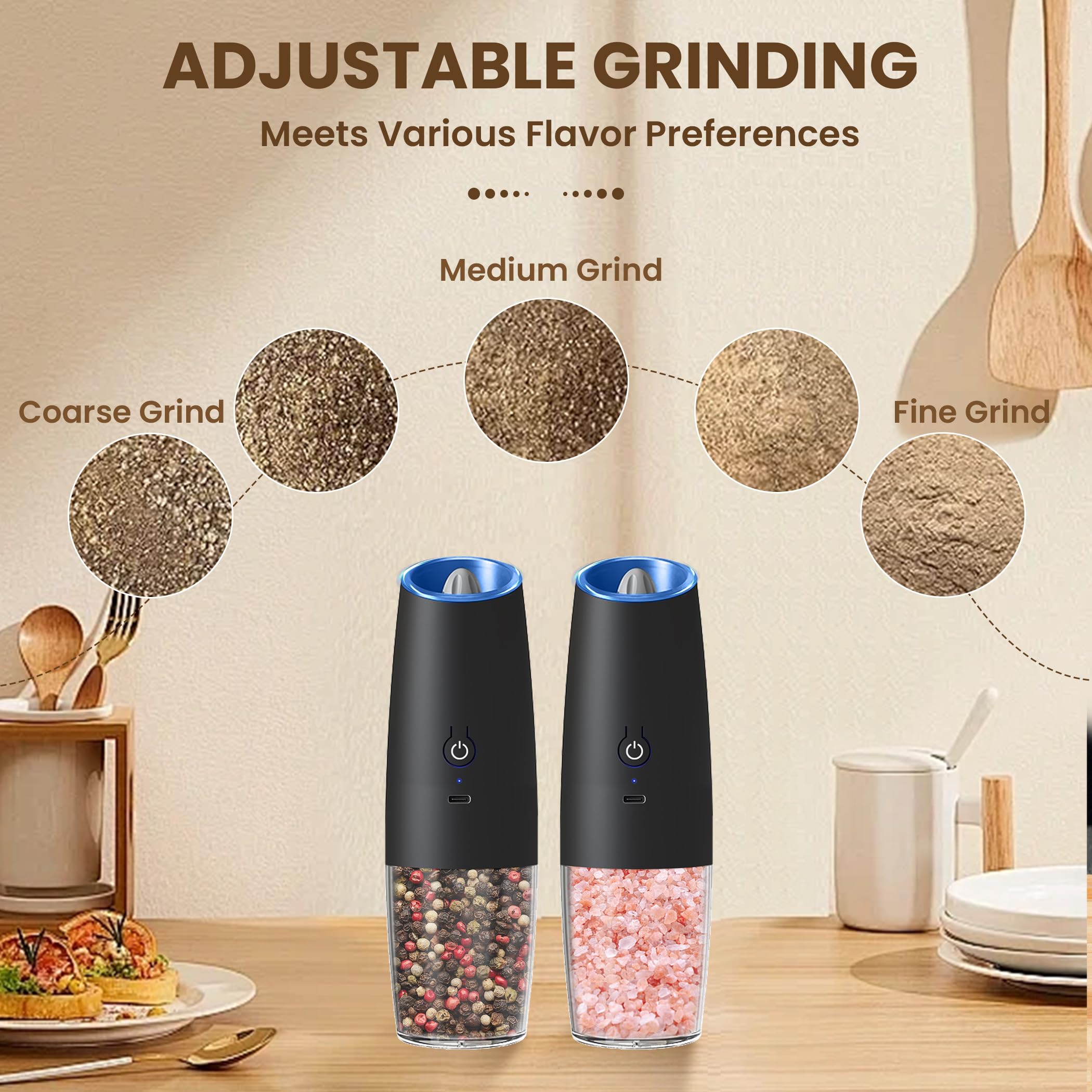 KIARYUOLL Rechargeable Electric Salt & Pepper Grinder Set - Adjustable Coarseness, LED Light - View #2