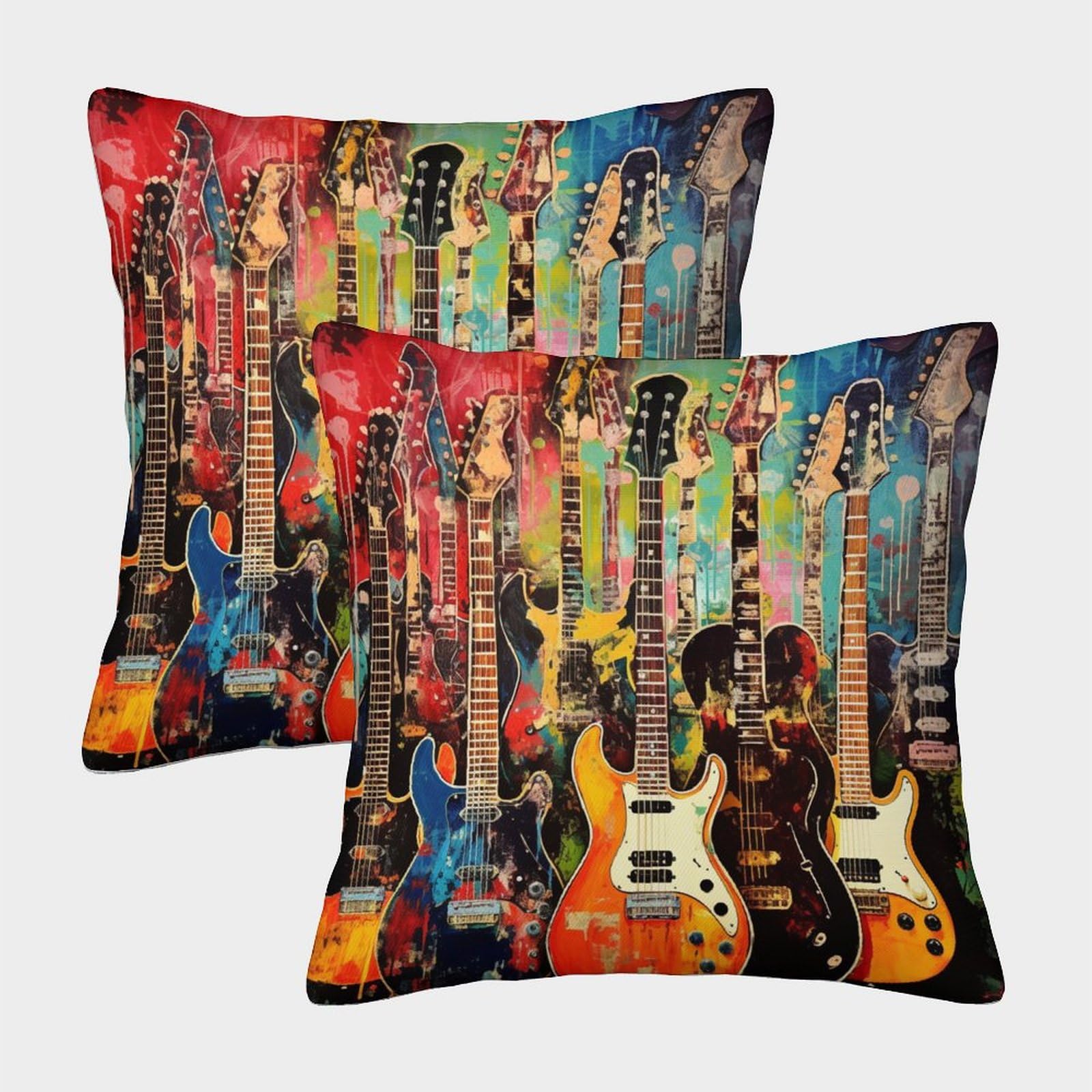 NRAOPEVVD Guitar Cushion Cover Set of 2 Decorative Machine Washable Pillowcases Square Cushions with Invisible Zipper Cushion Covers For Livingroom Sofa Bedroom Throw Pillow Case 40x40cm