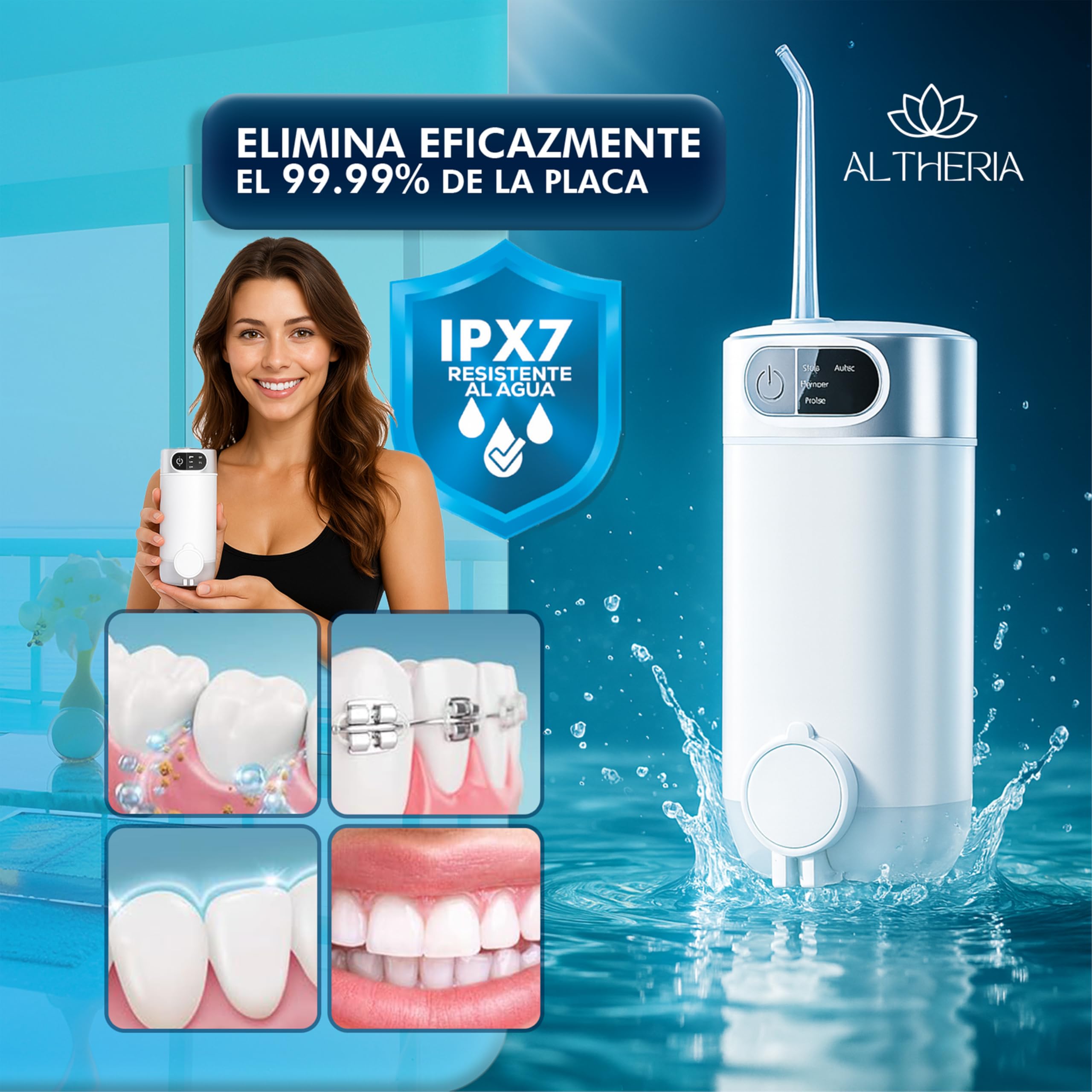 ALTHERIA® | Irrigador Dental Portatil de 5 MODOS con 4 Boquillas INCLUIDAS | Irrigador Bucal Inalámbrico | Limpieza Bucal y Encías Limpias | Deposito Extensible con Capacidad de 300ML y USB-C | IPX7. — view 3
