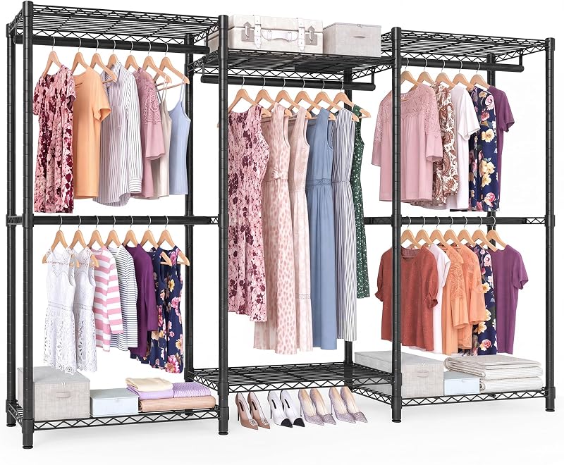 SONGMICS Heavy-Duty Clothes Rack, Garment Rack, Portable Closet, 86.4-Inch Wide Clothing Rack with Adjustable Mesh Shelves and Hanging Rails, Ink Black ULGR434B01