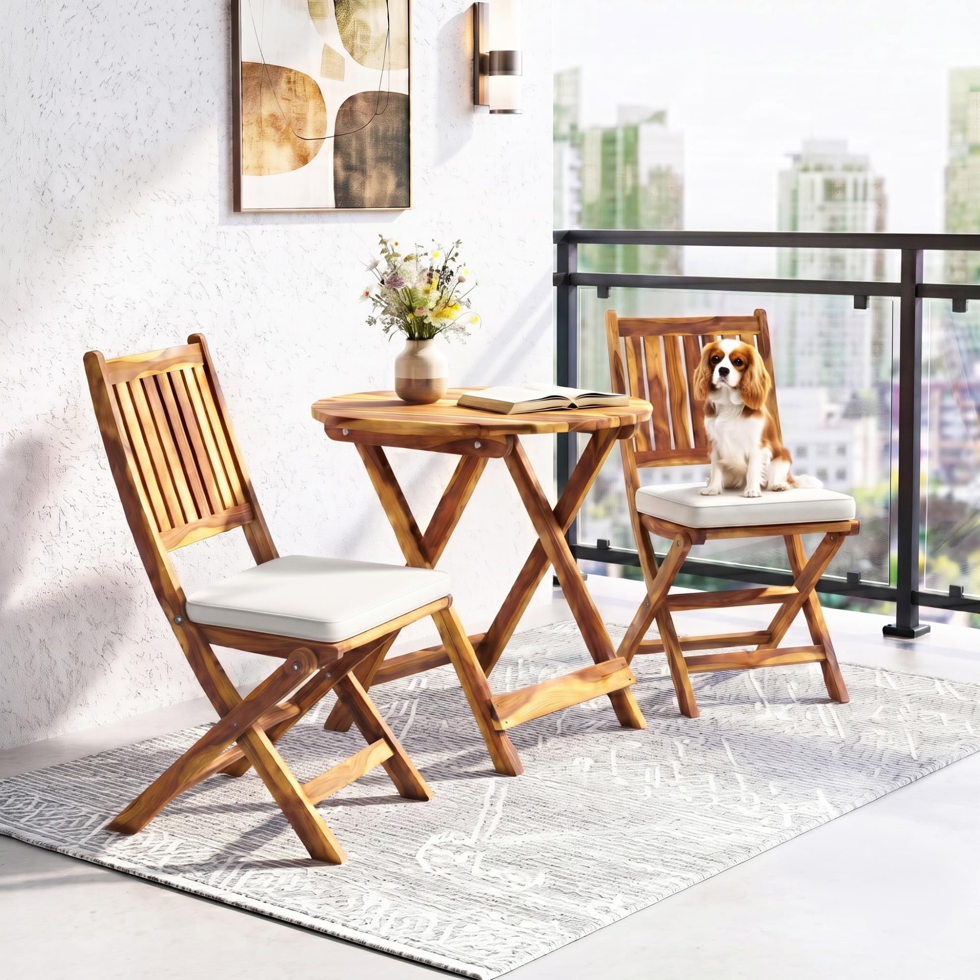 DEVOKO Acacia Wood Foldable Outdoor Bistro Set – 2 Chairs & Round Table with Water-Resistant Cushions for Balcony, Patio & Garden-image-42