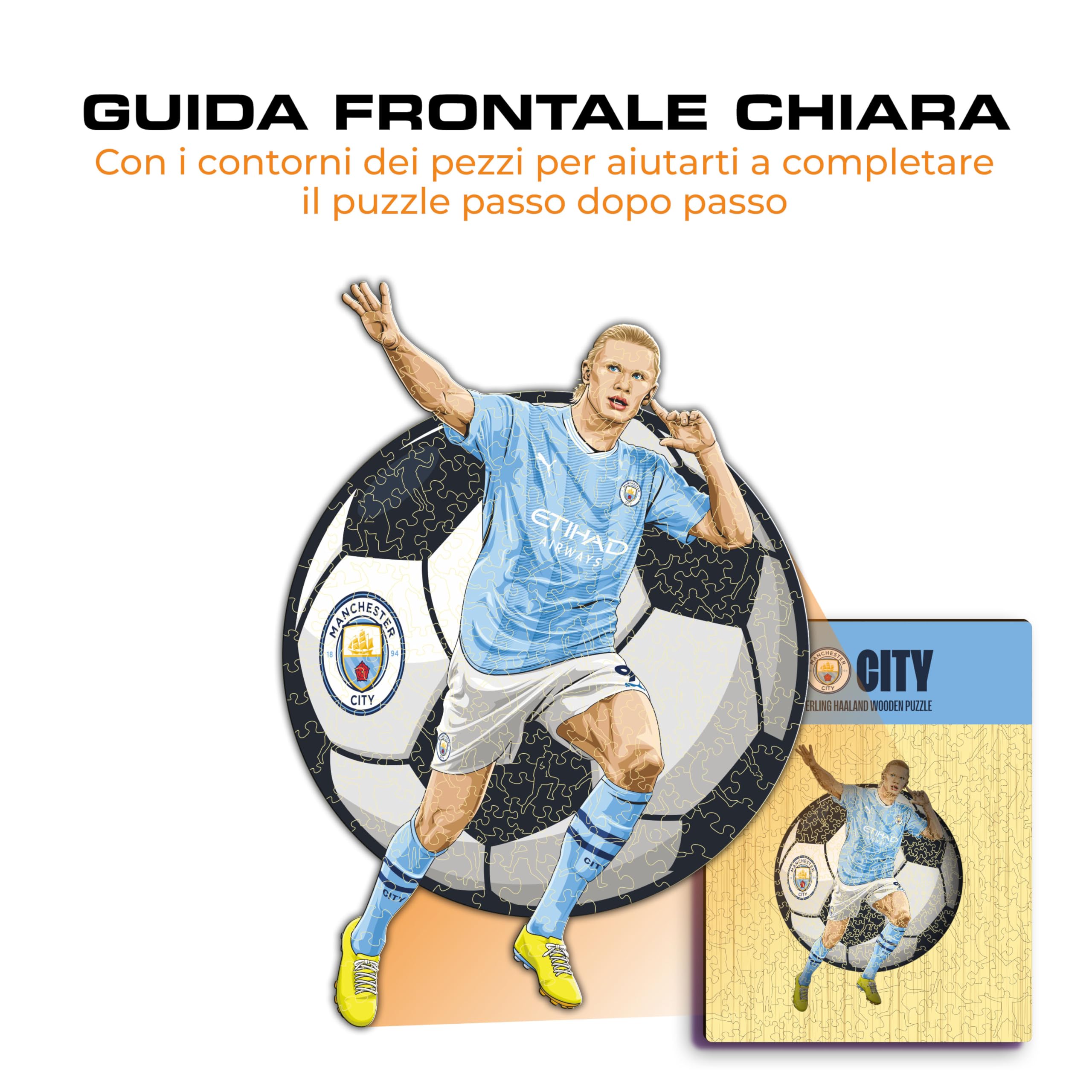 Iconic Puzzles - Manchester City, Erling Haaland, Puzzle di Legno con licenza ufficiale, 100% sostenibile, regalo per adulti e bambini, taglia M, 270 Pz