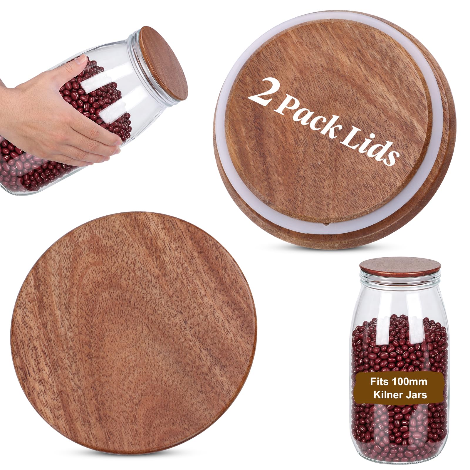 2 Pack Acacia Wood Lids for Kilner Clip Top Round Jar Wood Jar Lids with Silicone Sealing 100mm Replacement Lids Silicone Seals for 3L Kilner Preserving Jars Airtight and Leak Proof