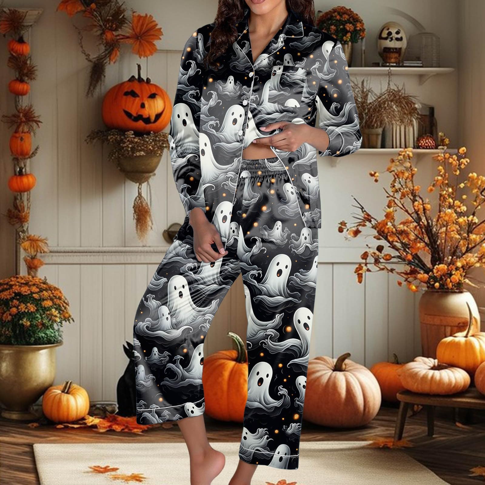 Genérico Pijama Manga Larga Mujer - Conjunto de Pijama para Mujer con temática de Halloween Conjunto de Pantalones de Manga Larga Ropa Informal Suave y cómoda para Noches acogedoras y relajación
