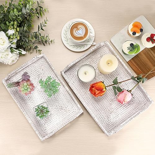 Miniatura 19 de Hipiwe Bandeja de ratán para servir con asas, bandeja decorativa tejida a mano para almacenamiento de desayunos, bebidas, aperitivos, bandeja