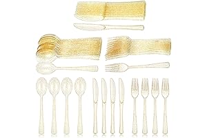 Youyole 150PCS Gold Glitter Forks, Spoons, Knives Set Disposable Flatware