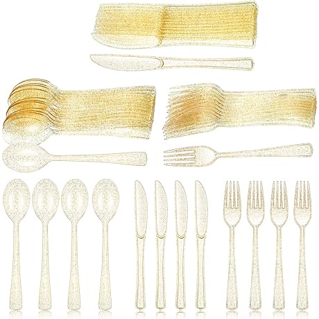 Youyole 150PCS Gold Glitter Forks, Spoons, Knives Set Disposable Flatware