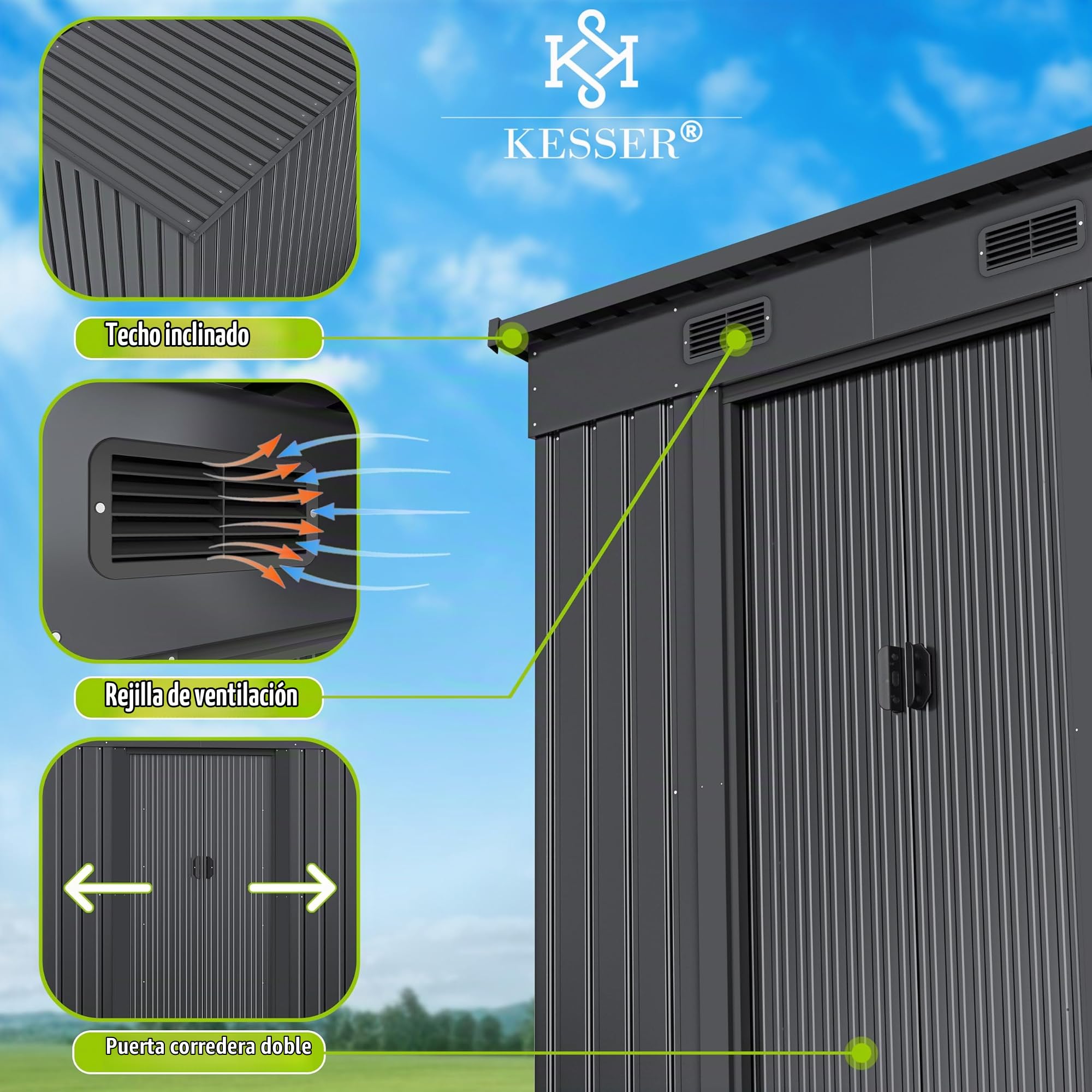 KESSER® - Cobertizo de metal L de 4 m³ con base | 194 x 112 x 181 cm | 2 puertas correderas y cimientos | cobertizo para equipos | armario de cobertizo de jardín | cobertizo de jardín con techo