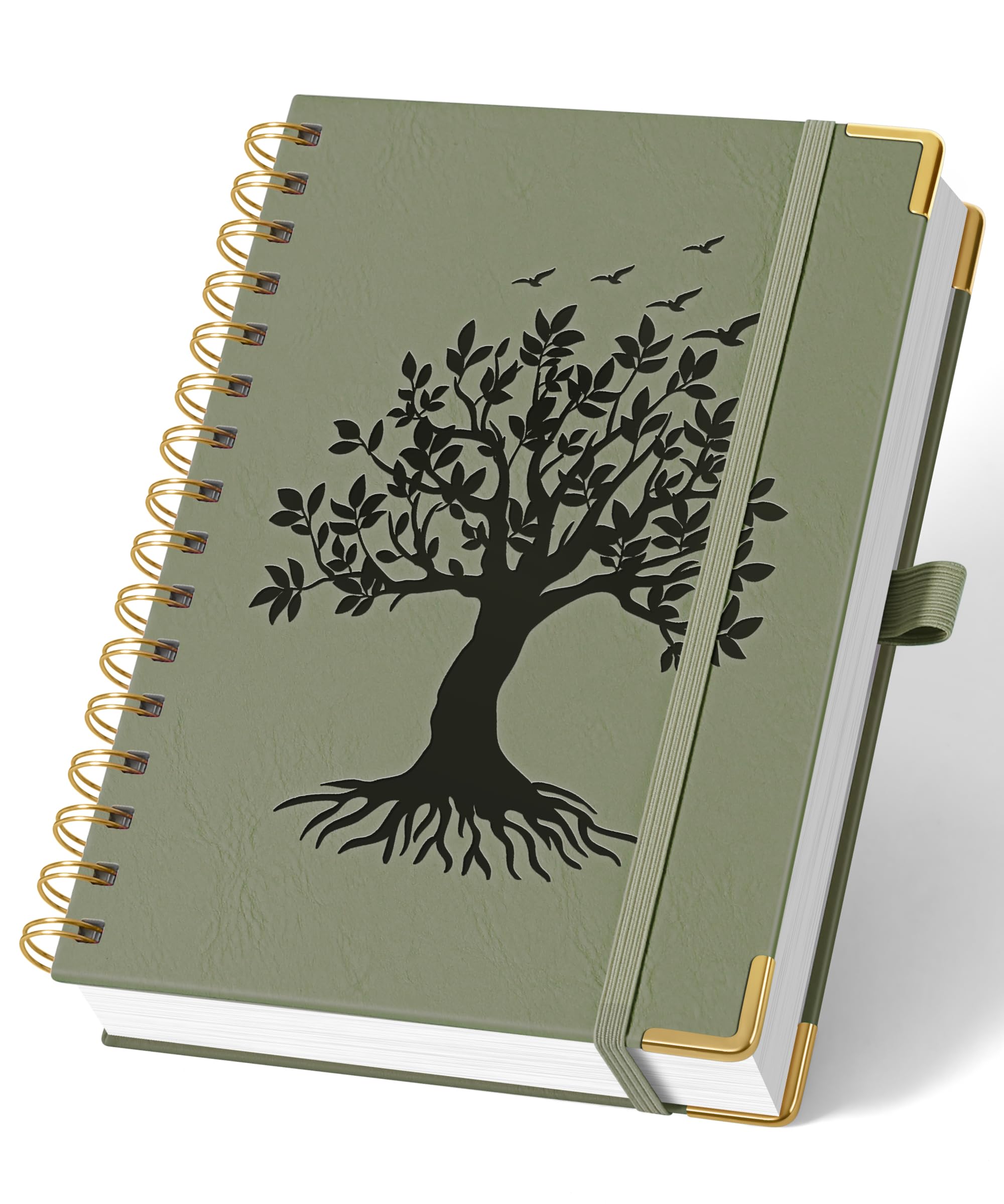 ZXHQ Premium A5 Journal Notebook, 176 Pages of 120 GSM Thick Paper, Twin-Wire Lay Flat Design, Embossed Tree of Life Cover, Reinforced Metal Corners & Expandable Inner Pocket – Sage Green