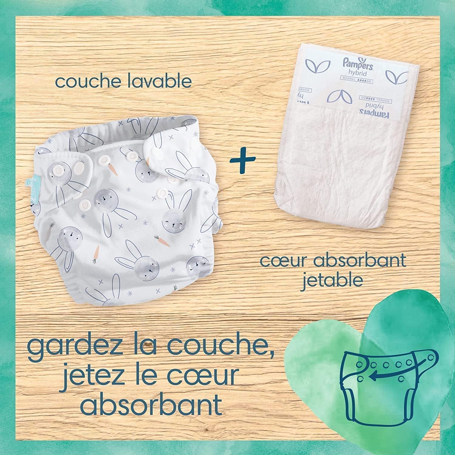 Pampers Harmonie Hybrid, 216 corazones de protección desechables para pañal lavable híbrido, 100% de absorción, protege la piel sensible de los bebés, ingredientes de origen vegetal y sin perfume