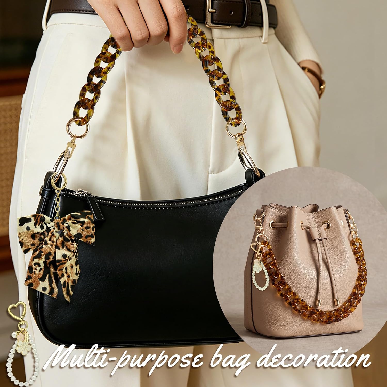 Fscwlmon 3 Pcs Leopard Print Pearl Bow Purse Chain Bag Charms for Handbags Cheetah Print Straps Extender Pearl Chains Rhinestone Bowknot Keychain Tote Bag Purse Decor Accessories Charm for Women BW