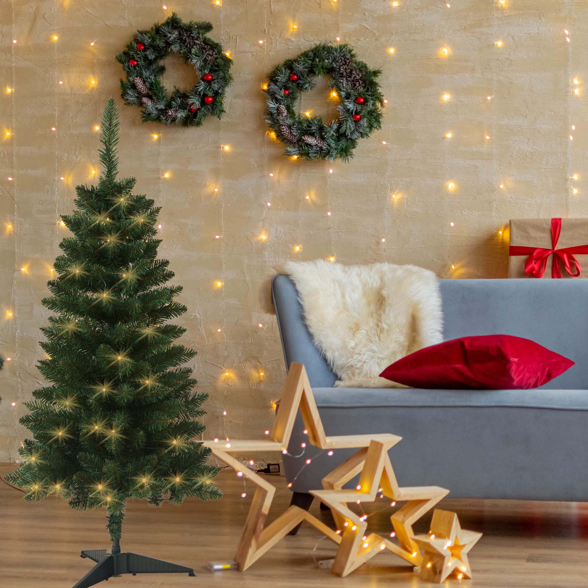HomeKaren Sapin de Noël Artificiel pré-éclairé de 120 cm, Fonctionne à Piles, avec 70 LED et 210 Branches pour décoration d'intérieur et d'extérieur