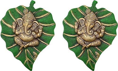 Sawcart Juego de 2 piezas de Lord GaneshGanpati On Paan Patta Hoja Decorativa Religiosa Colgante de Pared para Decoración del Hogar y la Oficina,