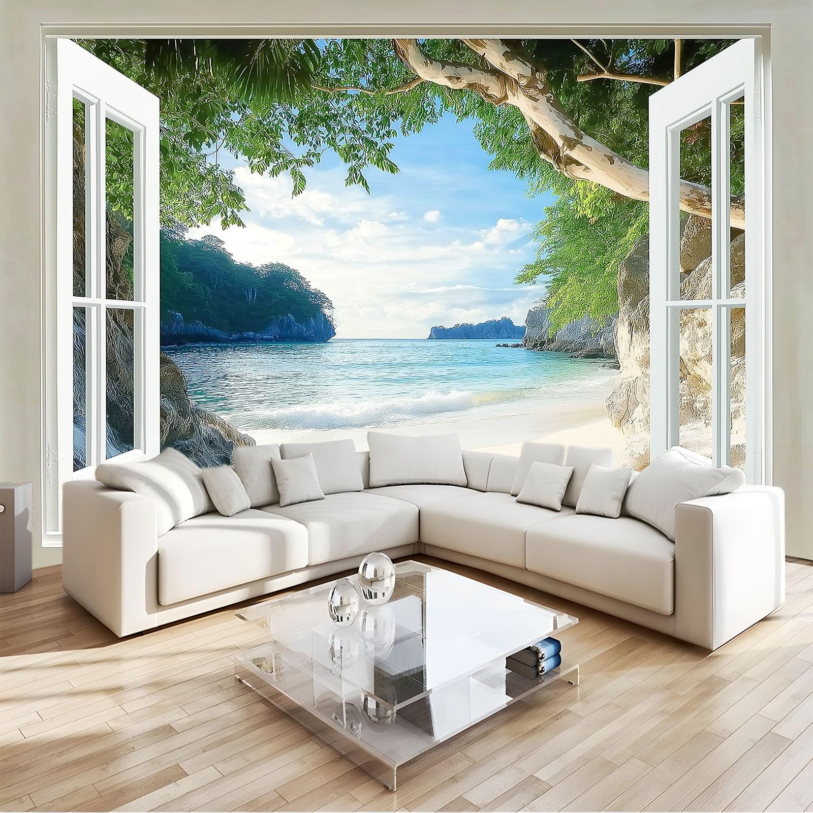 3D Wall Mural W200 X H140 Cm Premium Non Woven, Window View Tropical Beach 3D Photo Wallpaper Wall Mural, for Bedroom Living Room Decoration Green