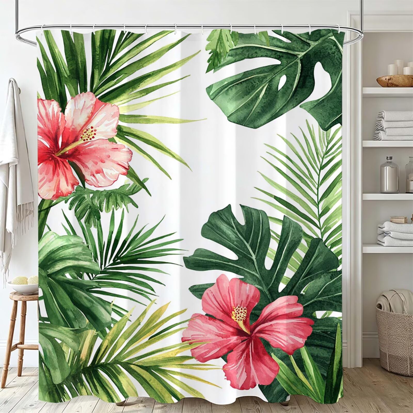 Tenda Doccia 180x240cm Bianco Tenda per Doccia con 12 Anelli, Bordo Ponderato, Polyester Tessuto Lavabile, Asciugatura Rapida, Facile da Pulire, per Bagno Dormitorio Hotel Piante tropicali J-657