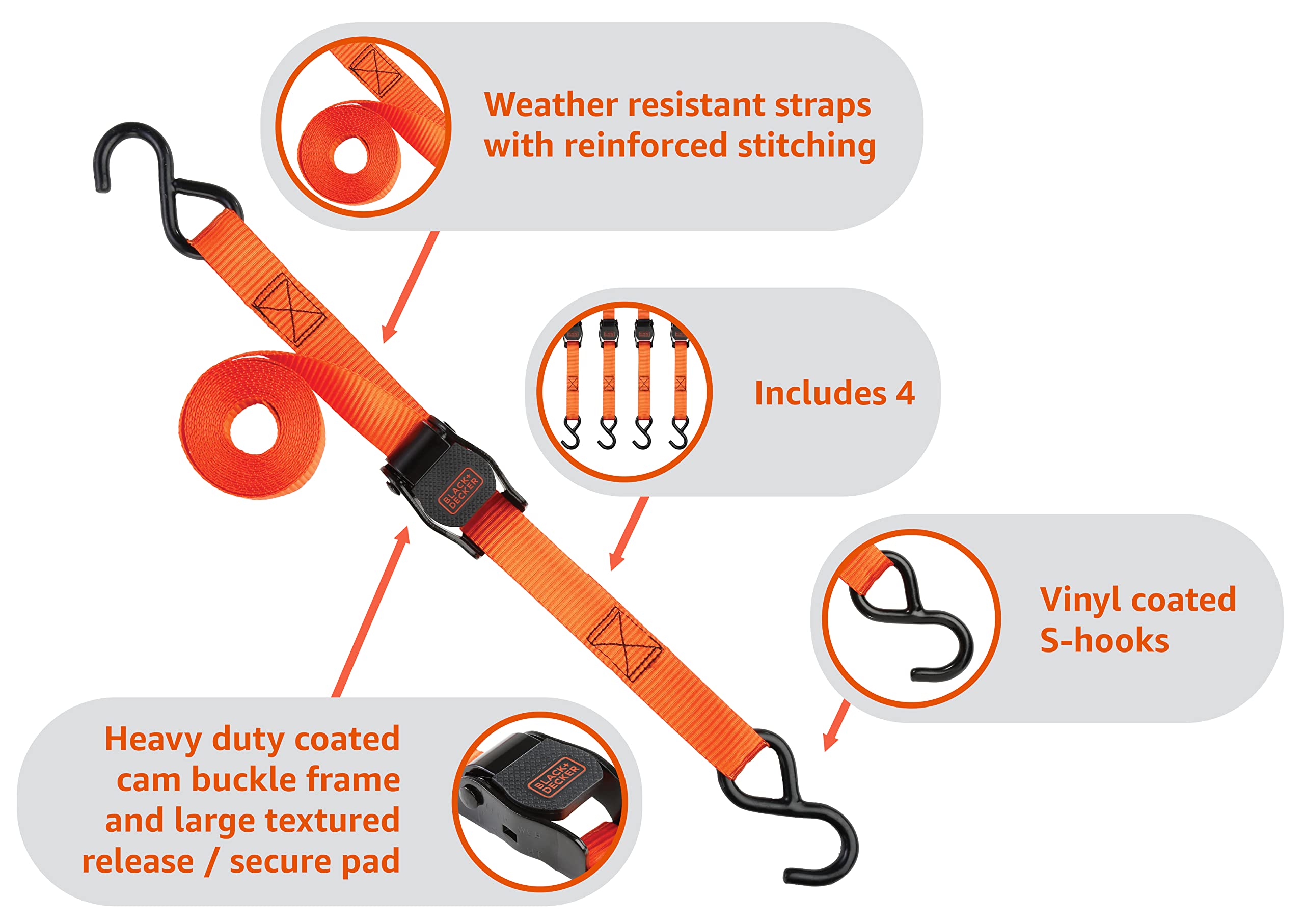 BLACK+DECKER BDX1017 - Kit de amarre de 17 piezas con cuerda de remolque de 14 pies, correas de hebilla de leva de lujo de 1 pulgada x 10 pies y cuerdas elásticas de correa plana de 24 y 36 pulgadas