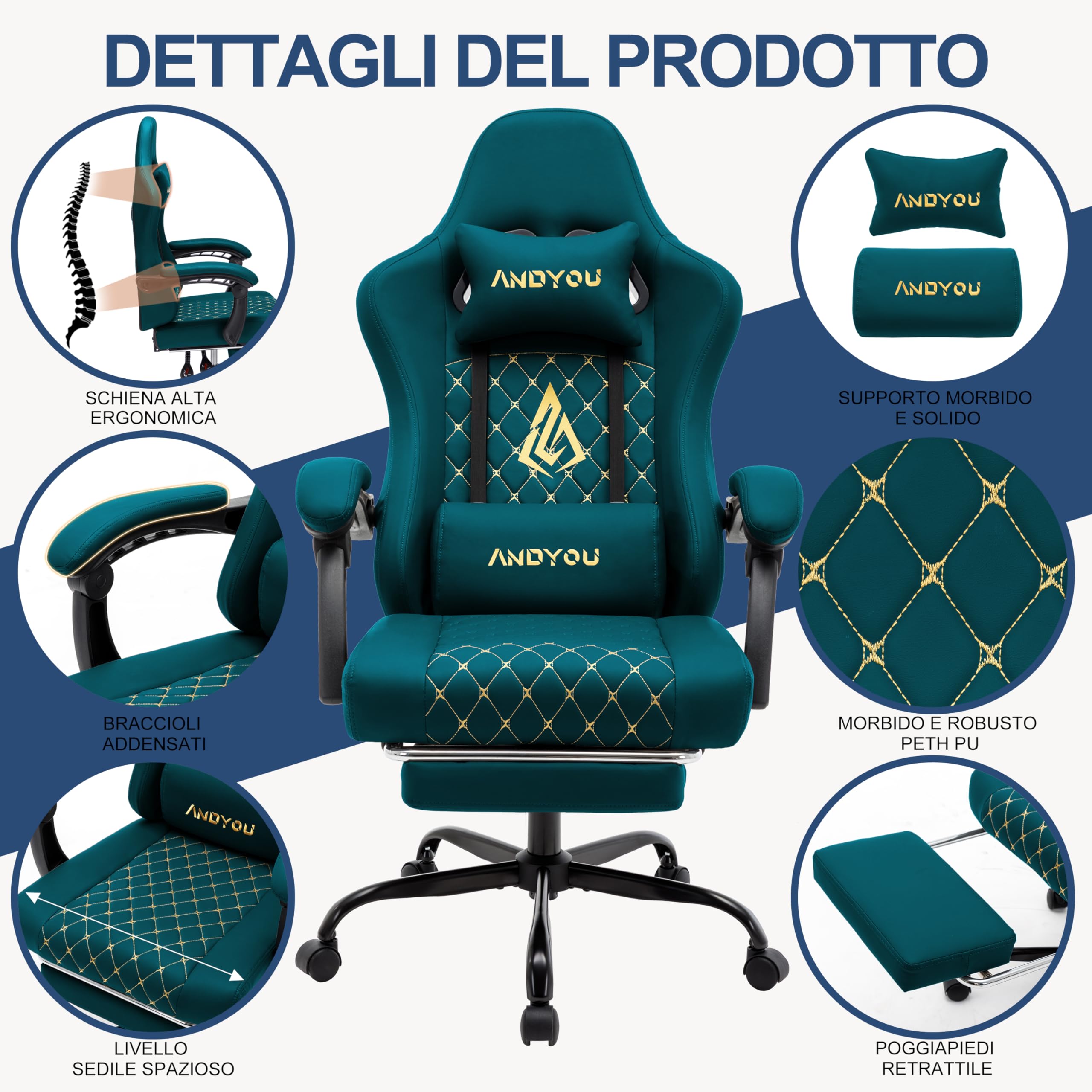 Andyou Silla Gaming Ergonómica Profesional con Soporte Lumbar - Silla Gamer para Adulto, Giratoria y Reclinable con Reposapiés Ajustable y Tela Transpirable, Soporte 150 kg para Oficina y PC