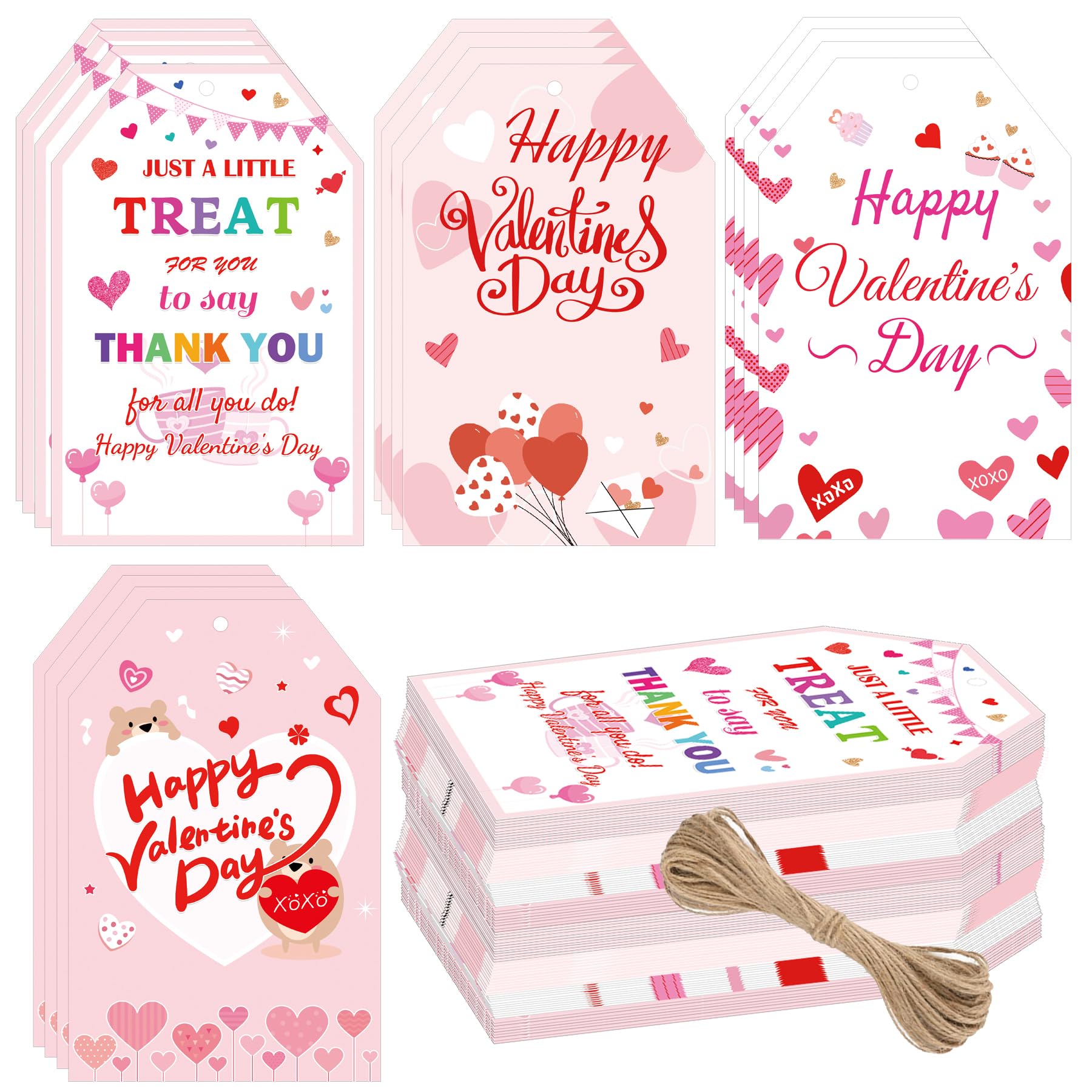 SMARSTICKER Valentines Gift Tags with String 3.5x2.2 inch Pink Happy Valentine's Day Presents Tags Valentine's Day to from Name Gift Tags for Valentine Gift Wrap 100pcs