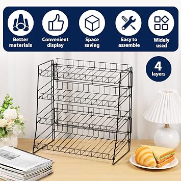 4 Tier Candy Display Rack, Metal Snack Rack Display Stand, Countertop Organiser Shelf for Packaged Crisps & Fruits, Tiered Wire Basket Shelf for Retail Stores Kitchen Office