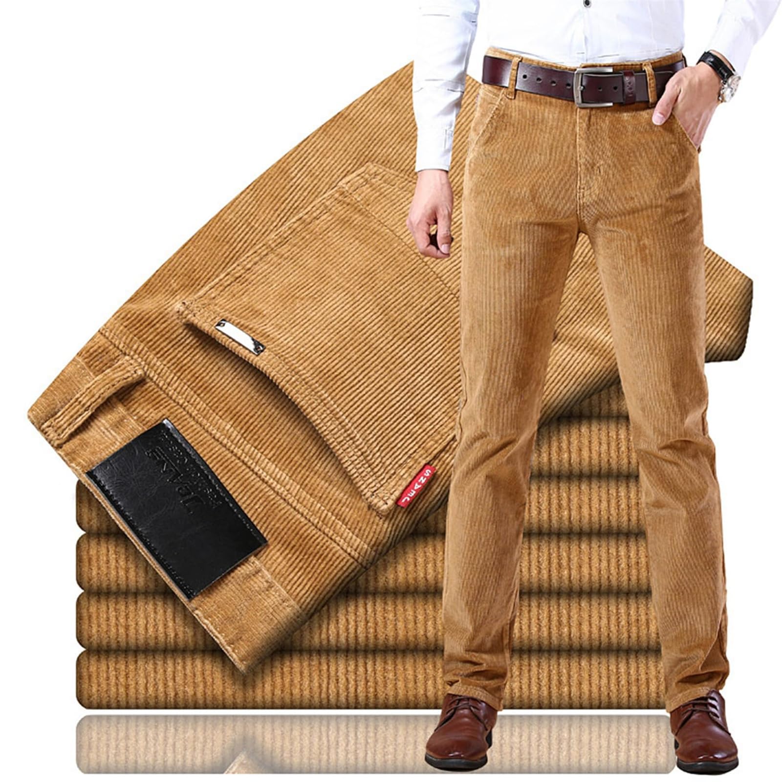 Beautyhis Men's Light Khaki Classic-Fit Corduroy Pant,Straight Stretch Pants Business Trousers With Pockets (,33)