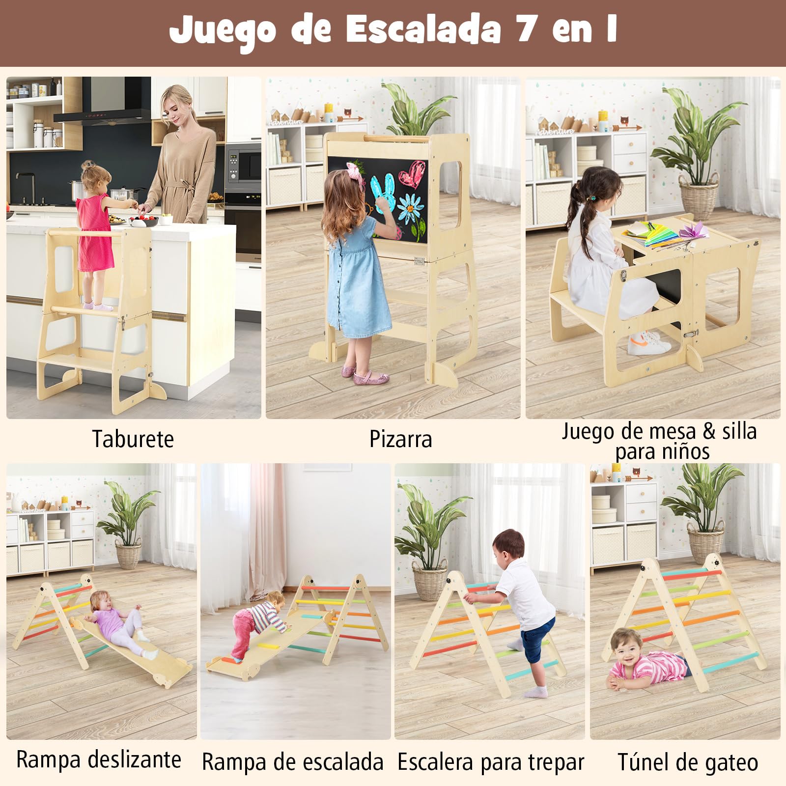 COSTWAY 7 en 1 Triángulo de Escalada de Madera para Niños con Rampa Reversible, Torre de Aprendizaje Plegable Montessori, Mesa y Silla Infantil, Pizarra Divertida, para Niños de 3-14 Años (Multicolor)