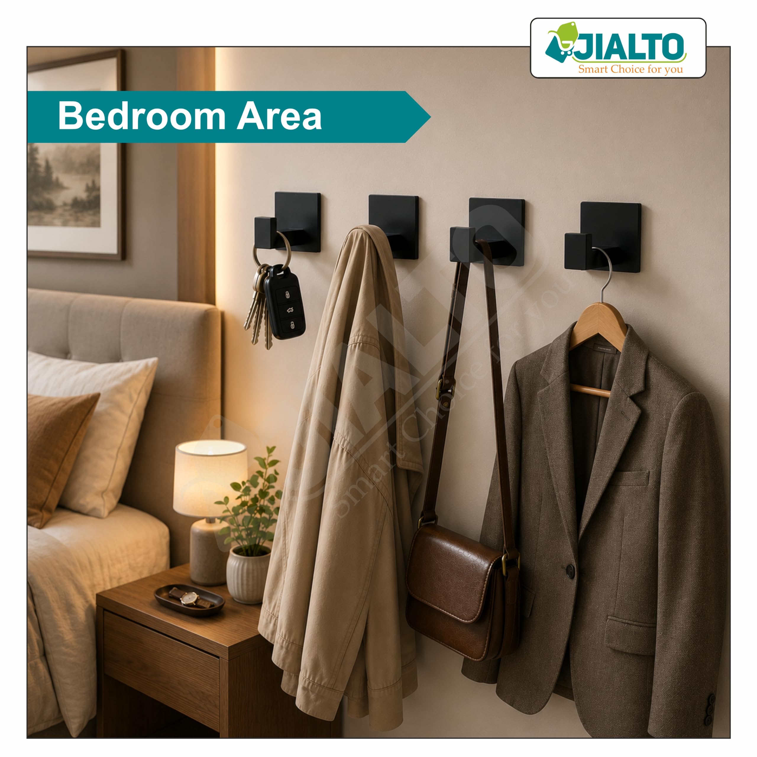 JIALTO 6 pcs Self-Adhesive Hooks: Heavy-Duty Waterproof Stainless Steel for Drilling-Free Wall Mounting - Ideal for Strong Coat, Kitchen, and Bathroom Towel Hanging (Matt Black) 2