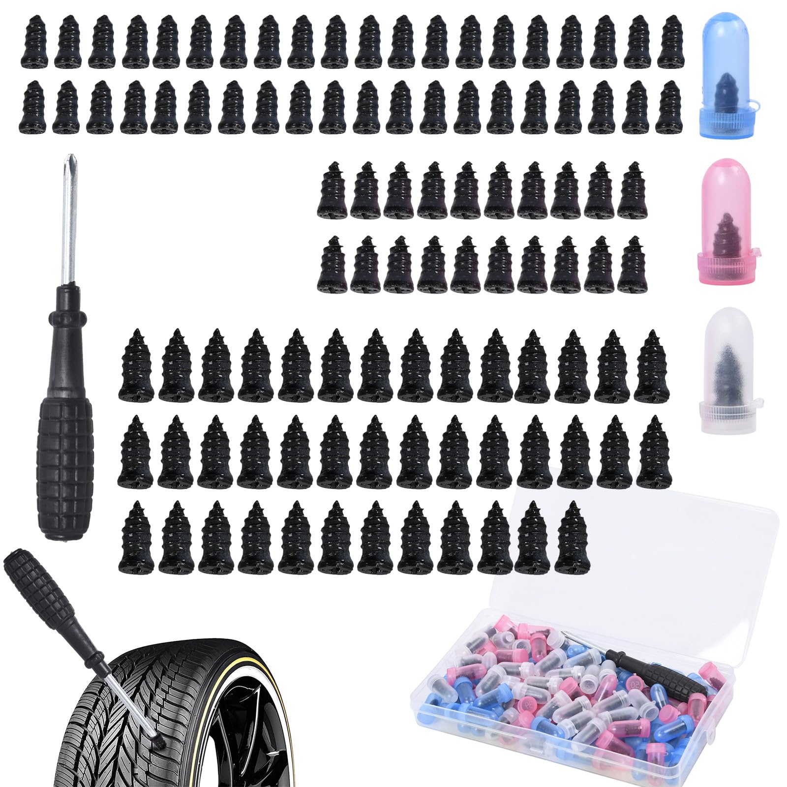 100Pcs Tyre Repair Screws, Vacuum Tubeless Tyre Car Puncture Repair Emergency Kit, Quick Self-Service Rubber Nails, Universal Tire Plugs Tools with Screwdriver for Aoto Motorcycle Bike Bicycle Van