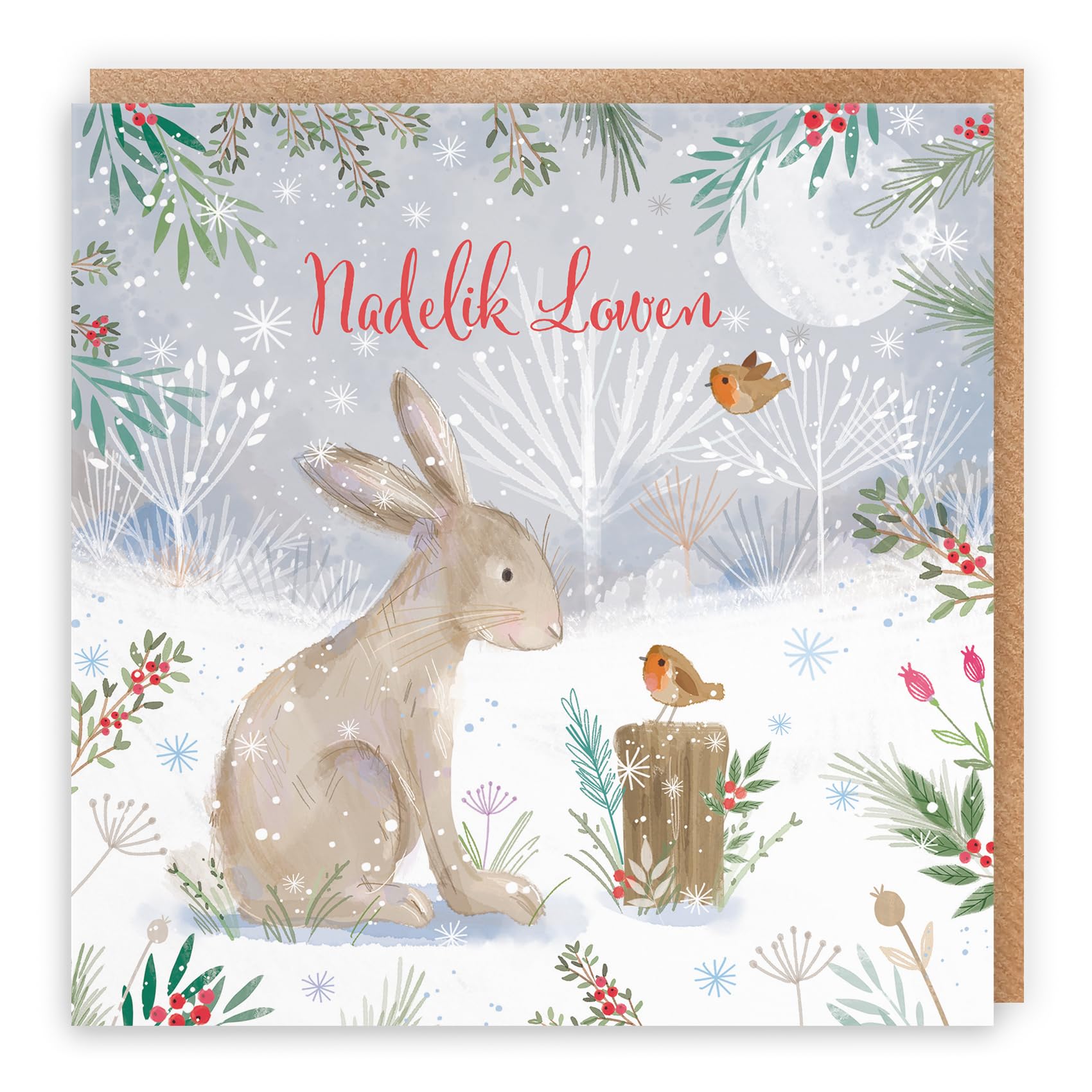 Hunts England, Cornish Cute Hare Christmas Card, Nature's Treasures, Cornish Language Card
