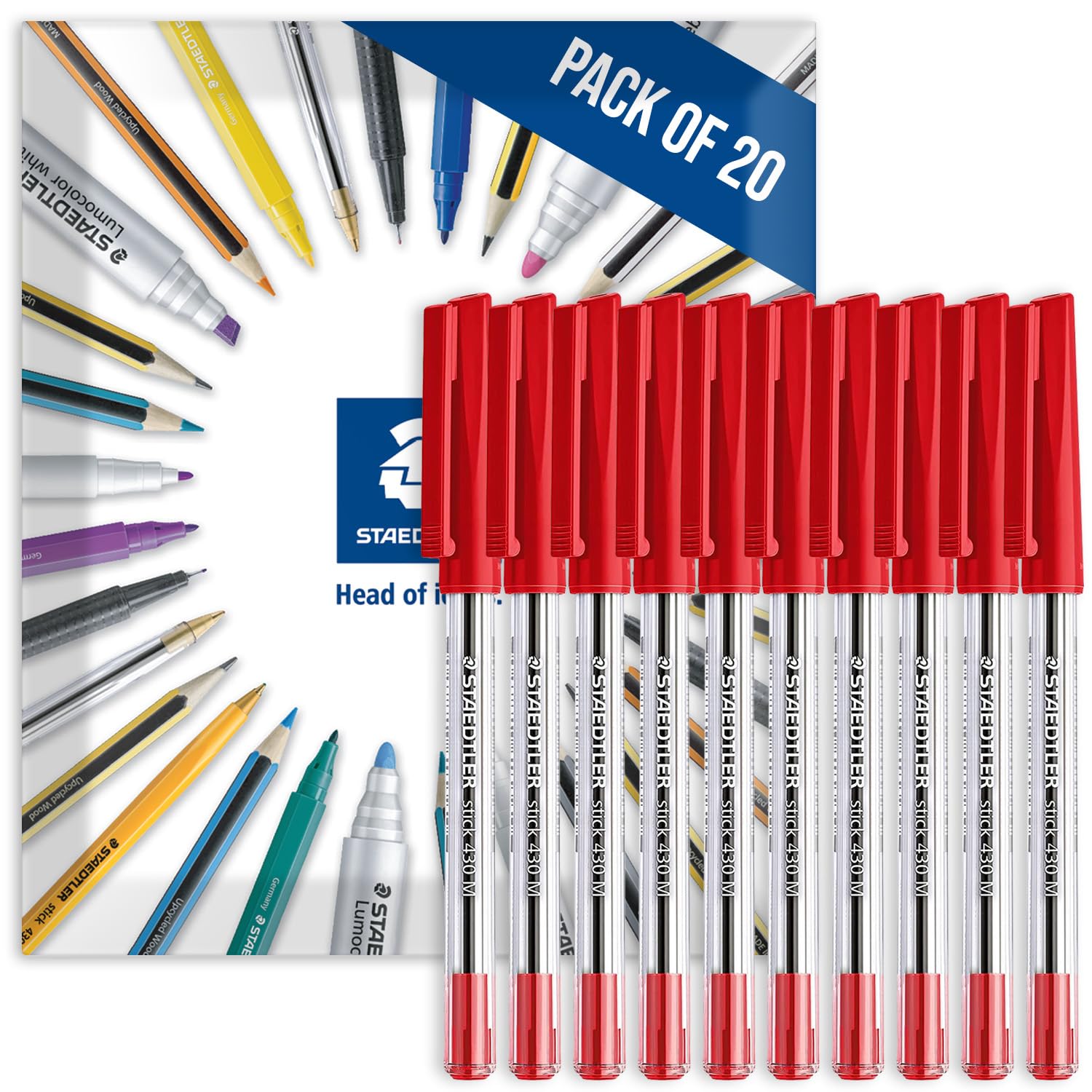 STAEDTLER 430M Stick Ballpoint Medium Pens Pack of 20 Red