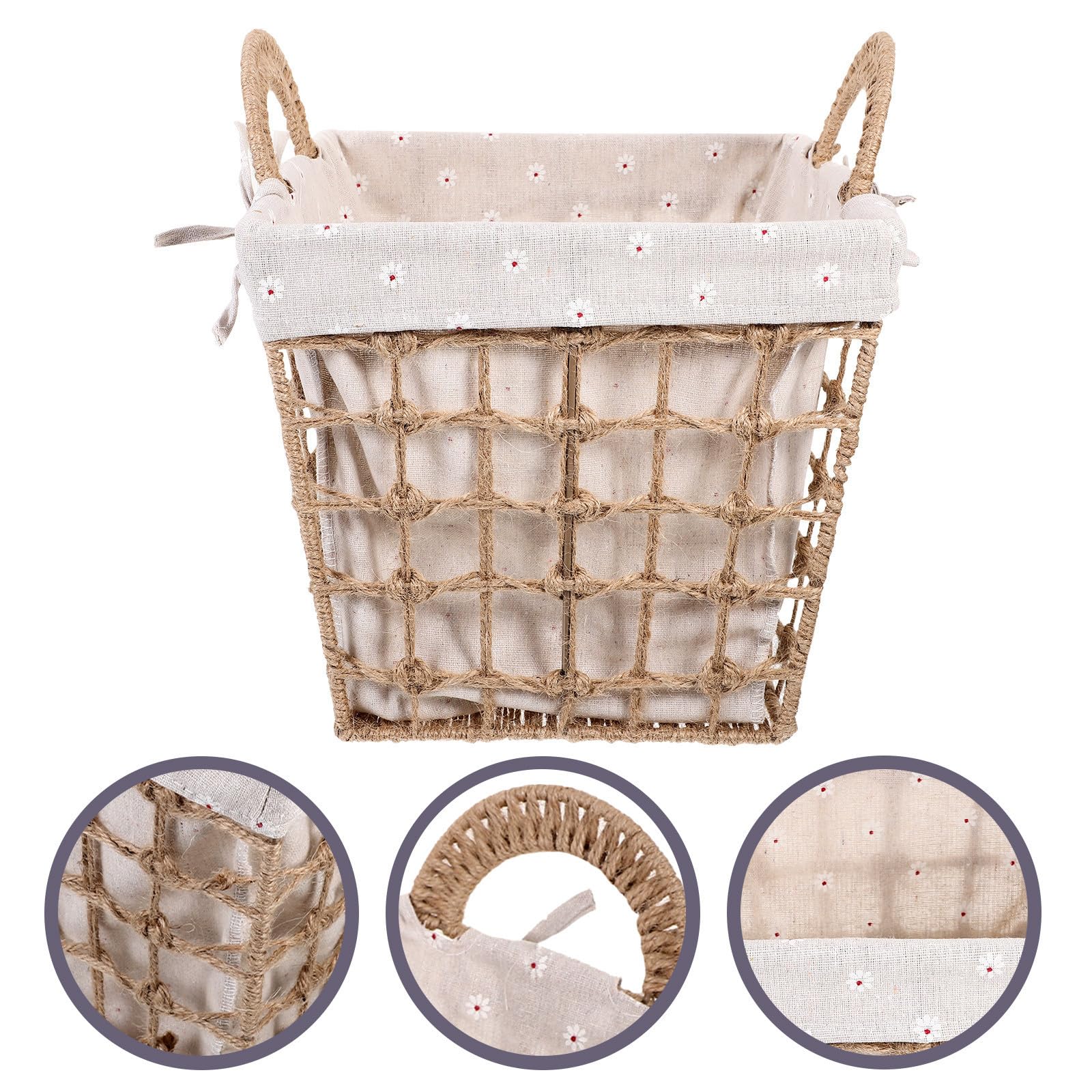 Cesta Tejida para Almacenamiento Doble Asa de Cuerda, Revestimiento de Tela y Tamaño Pequeño, Organizador Multiusos para Oficina, Cocina y Hogar