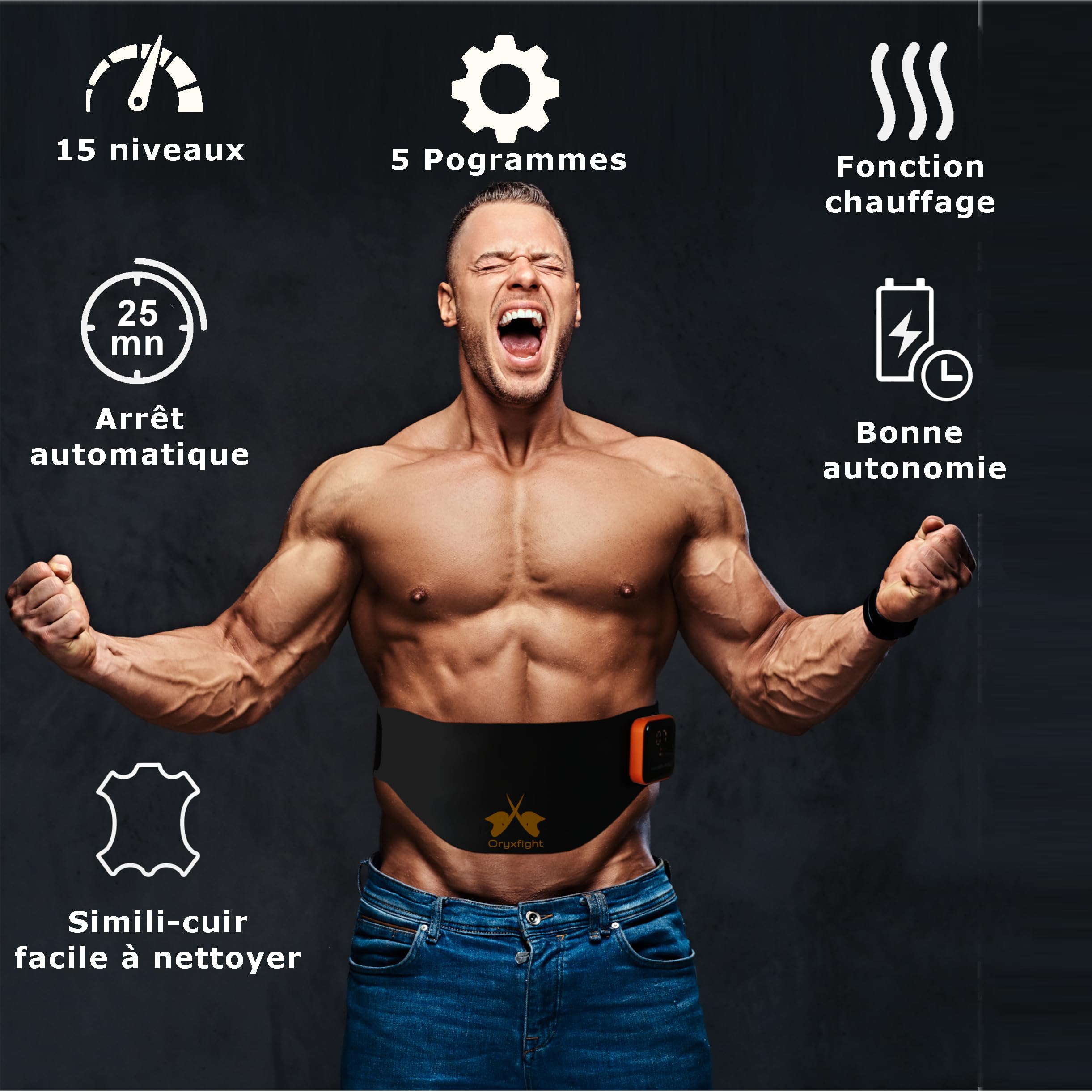 Ceinture abdominale électrostimulation 7 modes et 15 niveaux avec option chauffage 3 niveaux, électrostimulateur abdominal fiable et efficace, Stimulateur d'abdominaux EMS pour Homme et Femme