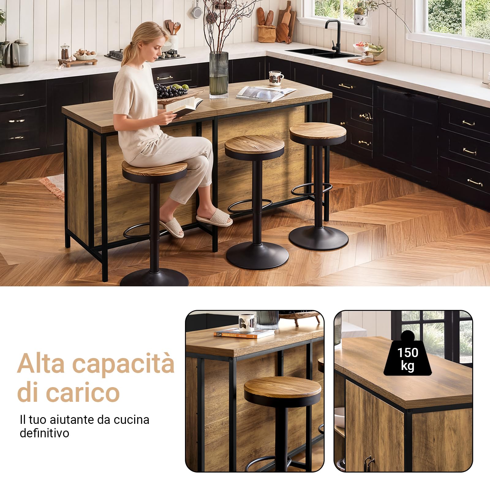 SoBuy Isola Cucina Mobiletto di Stoccaggio, Credenza Multifunzionale, Cucina Mobile Bar, Madia Salvaspazio, Mobile da Soggiorno in Stile Industriale 170 x 60 x 89 cm KNL01-F