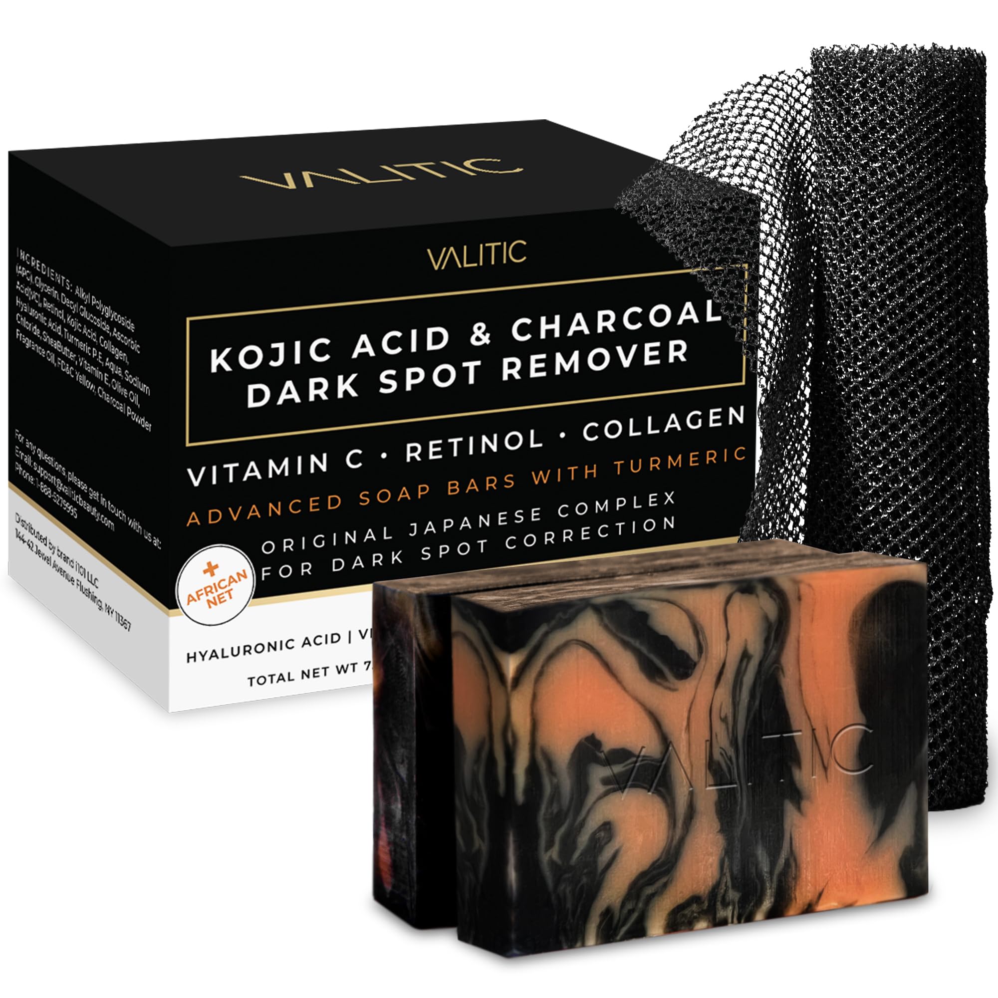 VALITIC Charcoal Kojic Acid Turmeric Black Soap Bar Dark Spot Remover for Body or Face Wash - 2