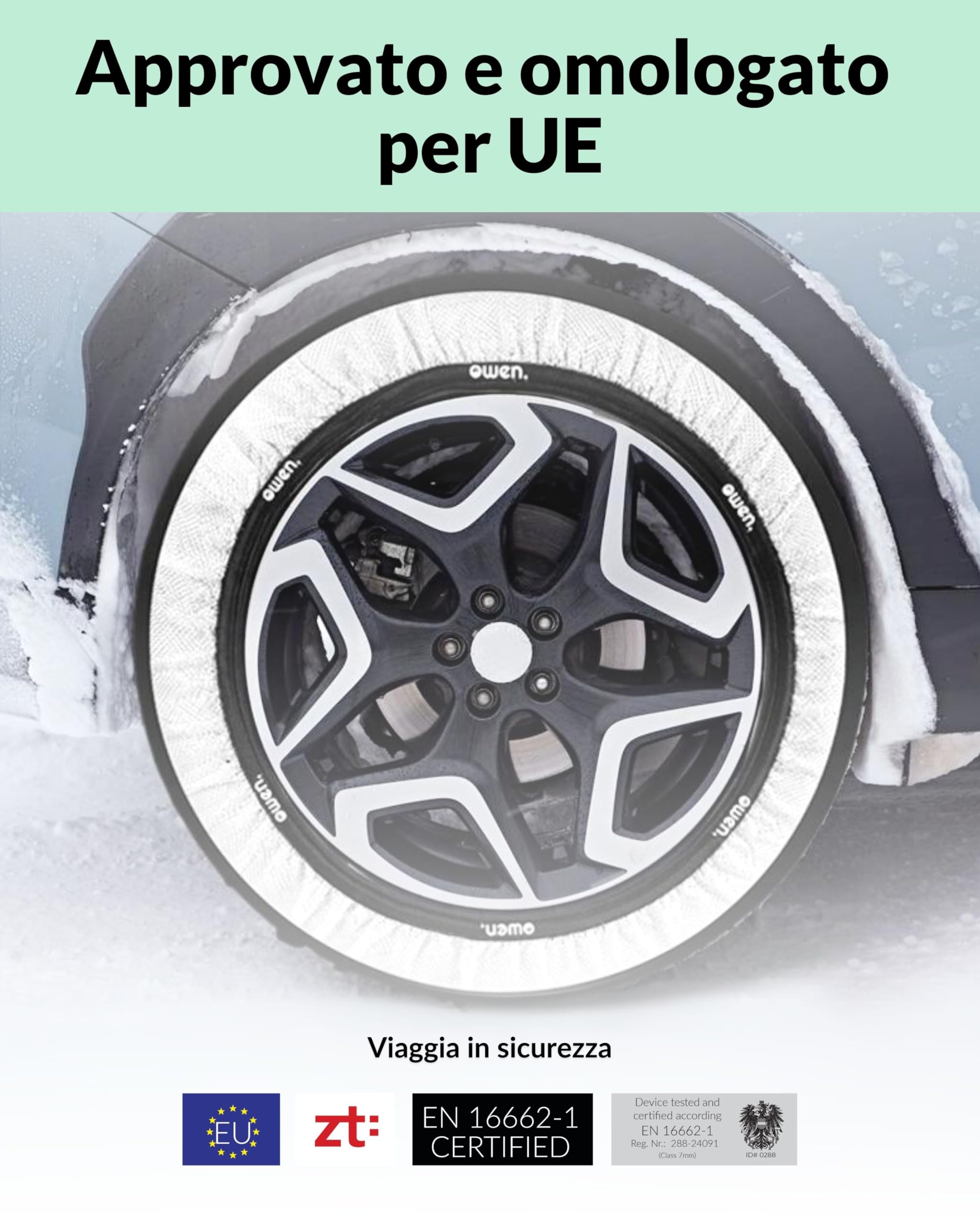 OWEN calze da neve XS-XXL | Certificato EN 16662-1 | Omologate Italia | Protezione cerchioni | Tessuto 3D antiscivolo | Compatibile ABS/ESP | Polipropilene resistente | Set 2 pezzi | Facili da montare
