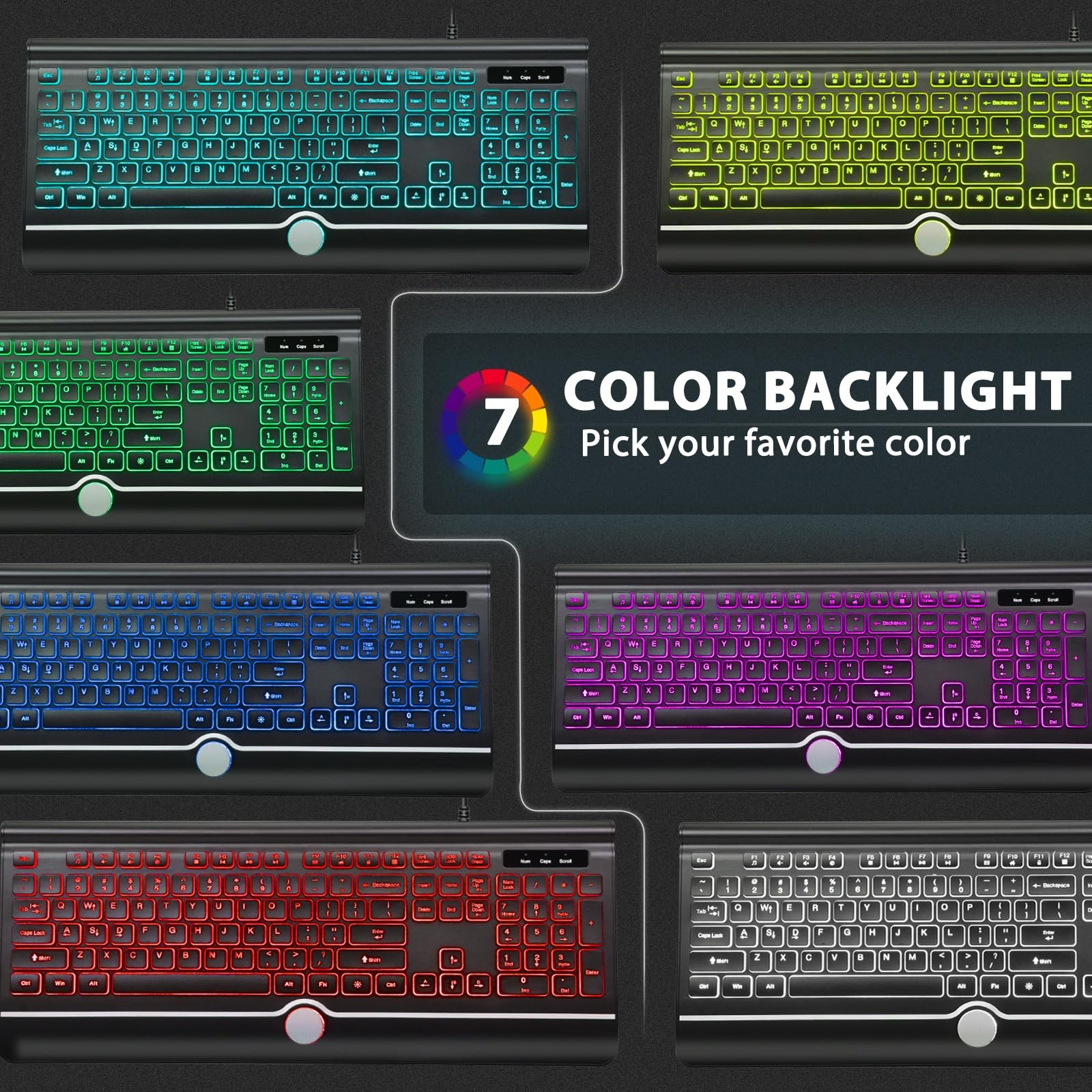 Computer-Tastaturen mit Hintergrundbeleuchtung, kabelgebundene beleuchtete Tastaturen mit 7-farbiger Hintergrundbeleuchtung, Handgelenkauflage, beleuchtete Tastatur, leicht zu sehen und zu