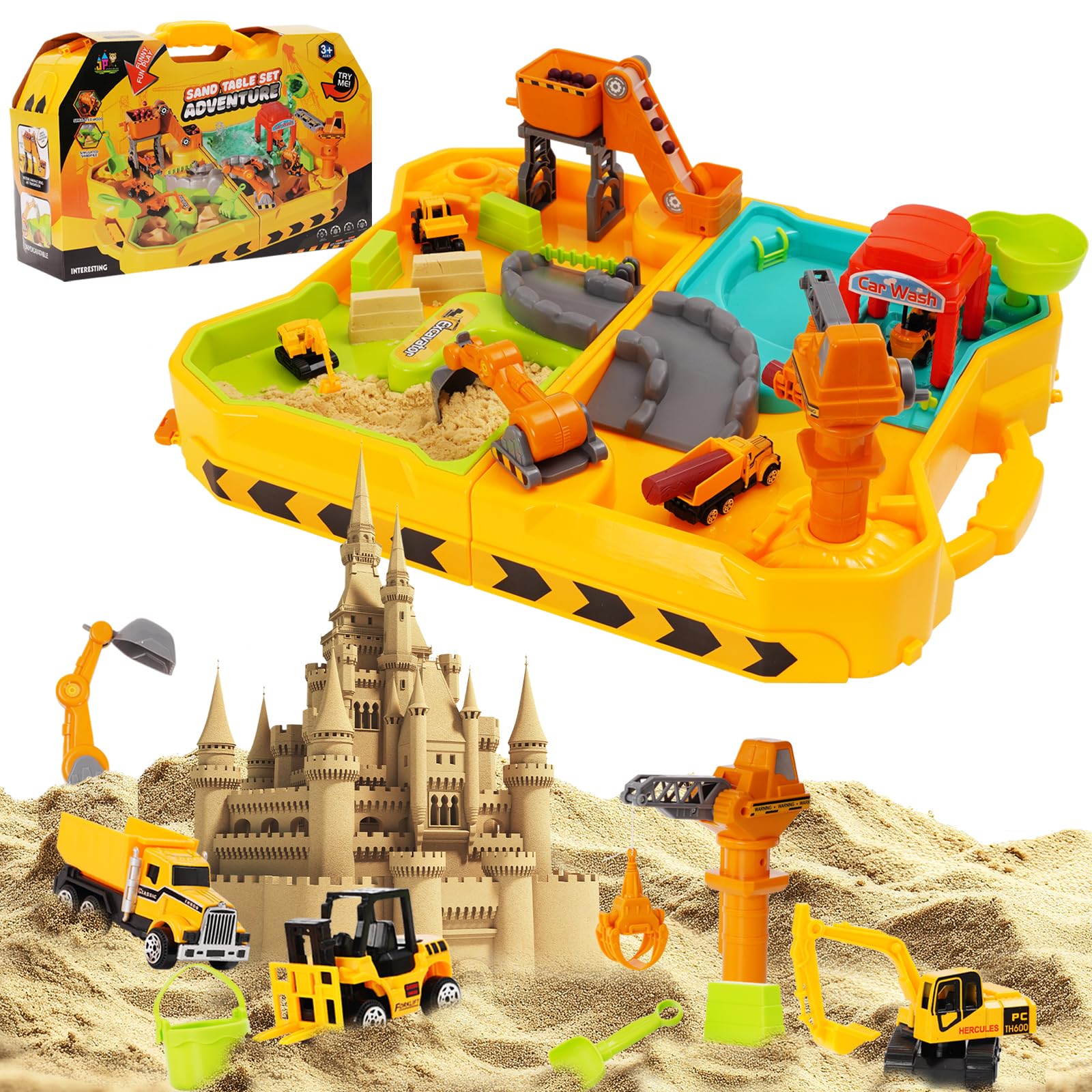 Kids Play Construction Sand Kit,Sand Box Toy Set with Construction Trucks,Beach Building and Water Play,Sensory Learning Activity Gifts for Boys Girls toddler 3 4 5 6 Year Old Indoor Outdoor