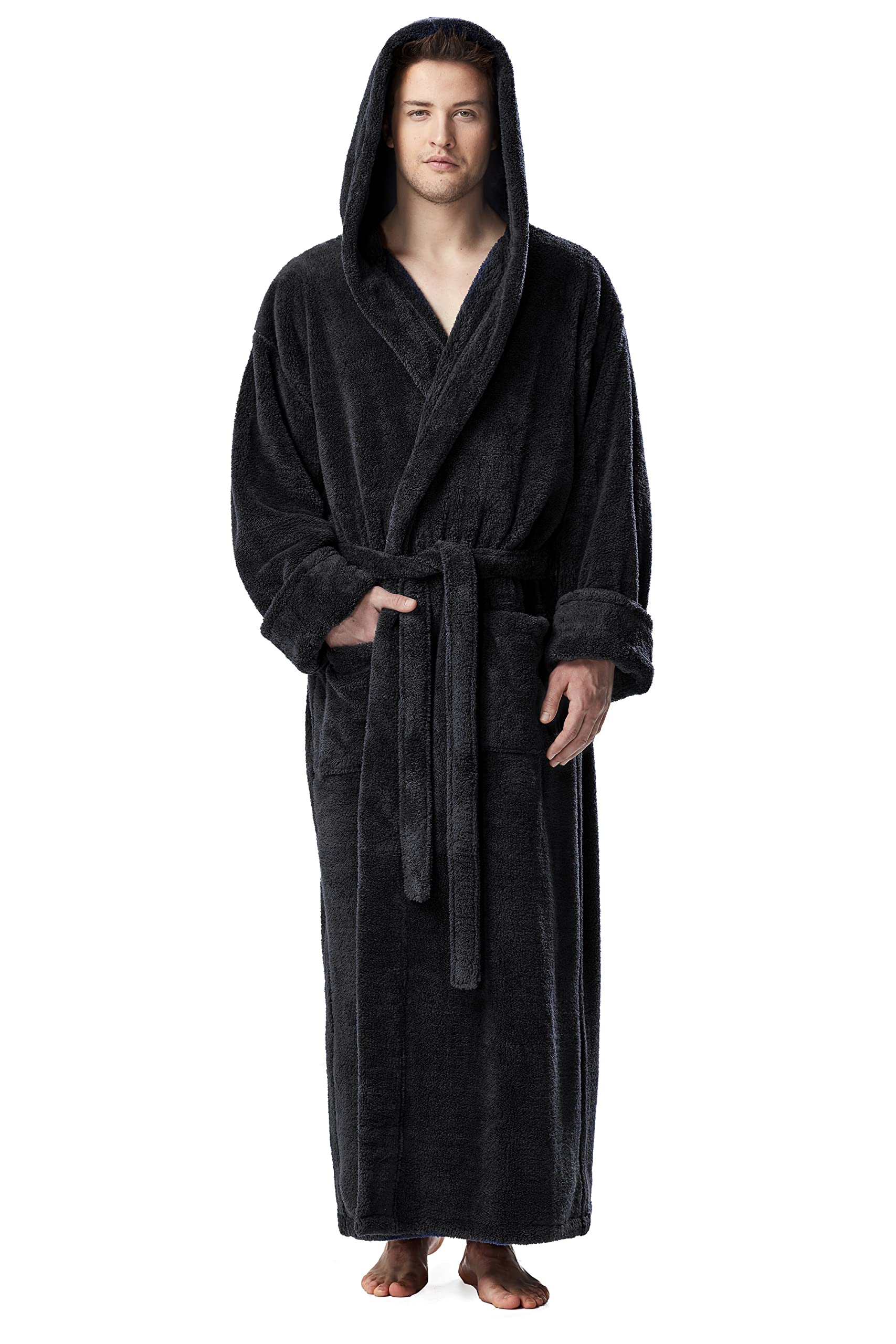 Arus Men's Fleece Robe, Long Hooded Turkish Bathrobe, Black, S/M