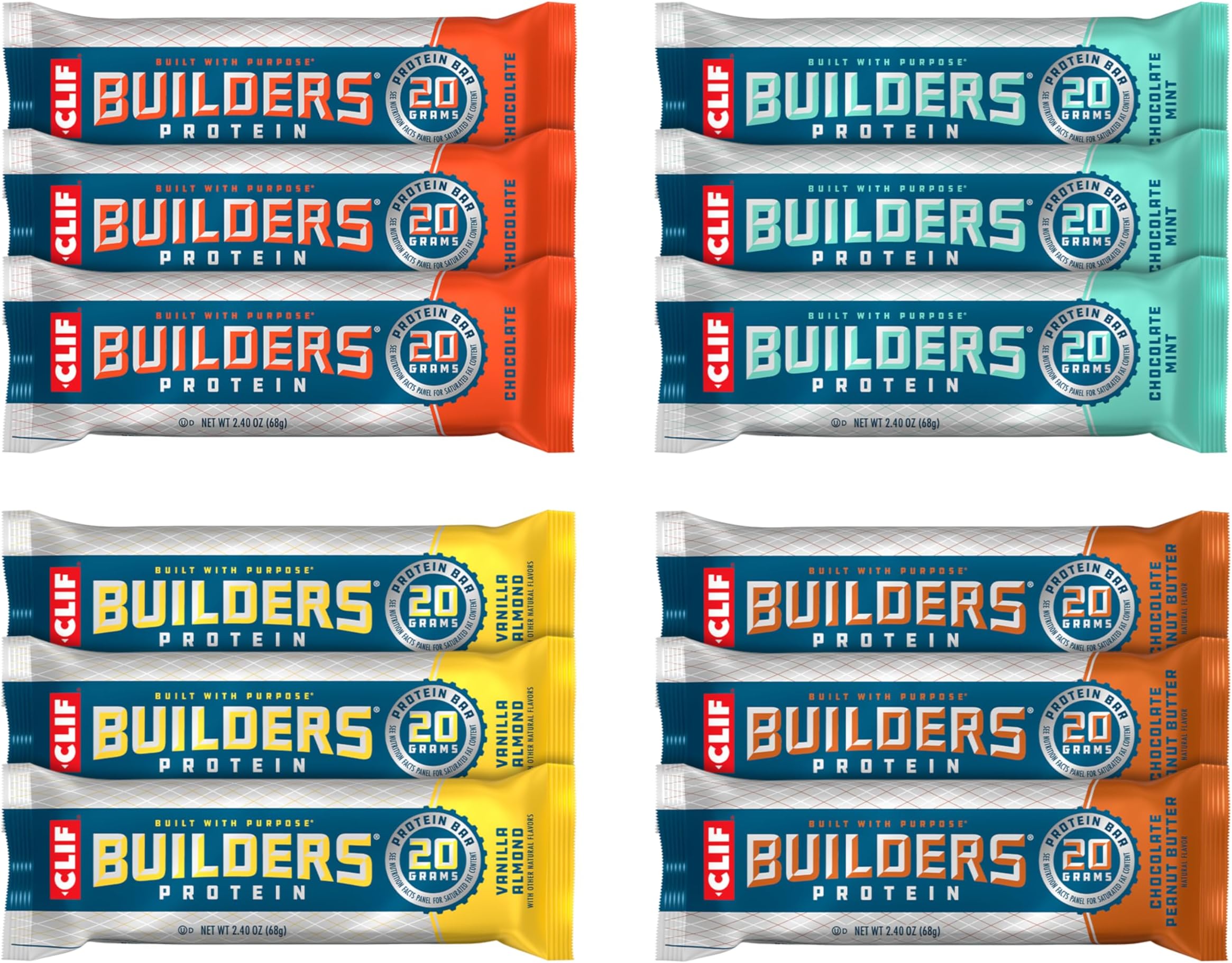 CLIF BUILDERS Protein Bars - Variety Pack - 20g Plant Based Protein - Gluten Free - Non-GMO - Low Glycemic - No Artificial Sweeteners - 2.4 oz. (12 Count)