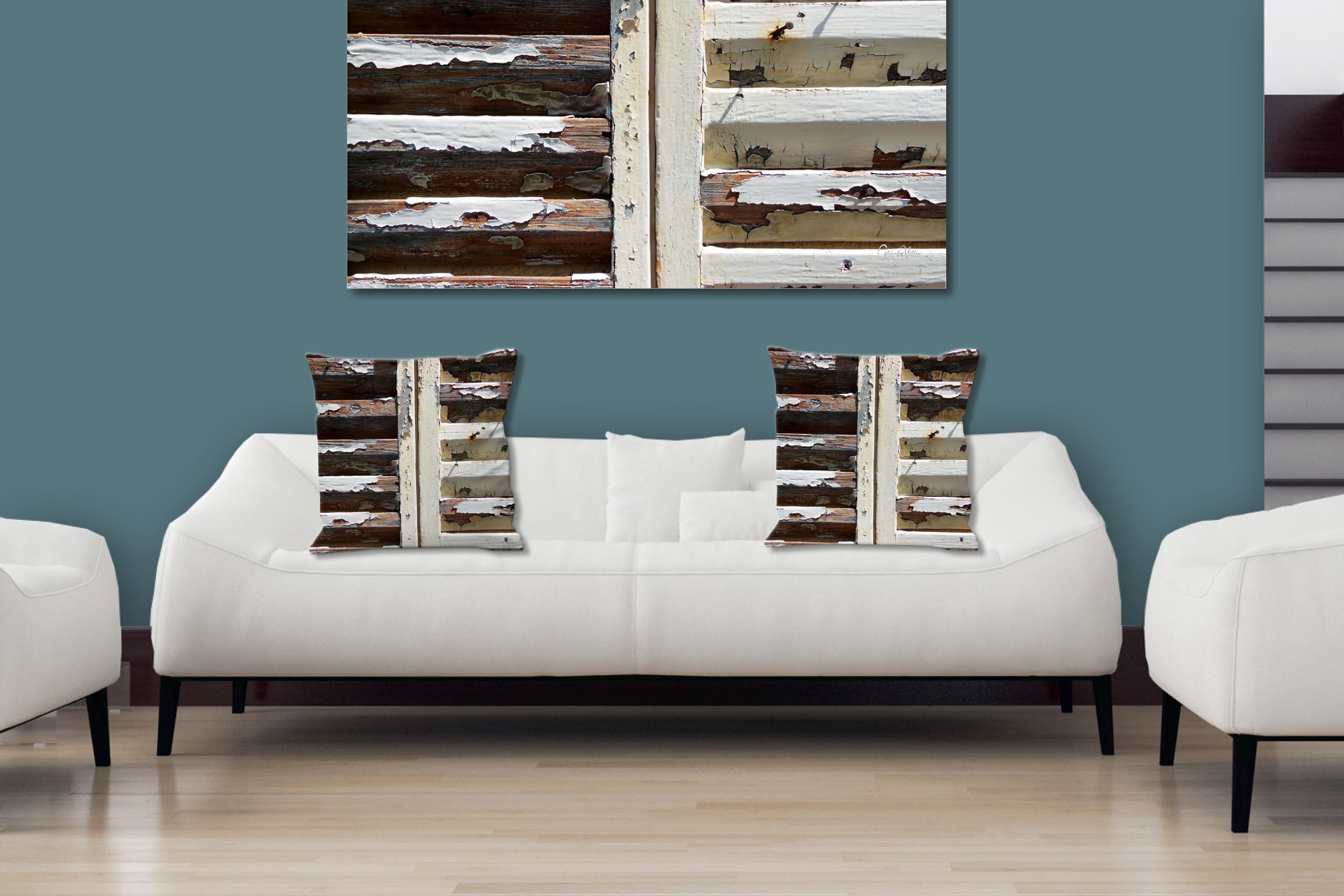 Fensterladen - Foto-Kissen-Hülle Set (2 STK.) 40 x 40 cm | Kissen-Bezüge - passend zu Wandbild - Deko-Kissen - Holz Struktur Wand Tür